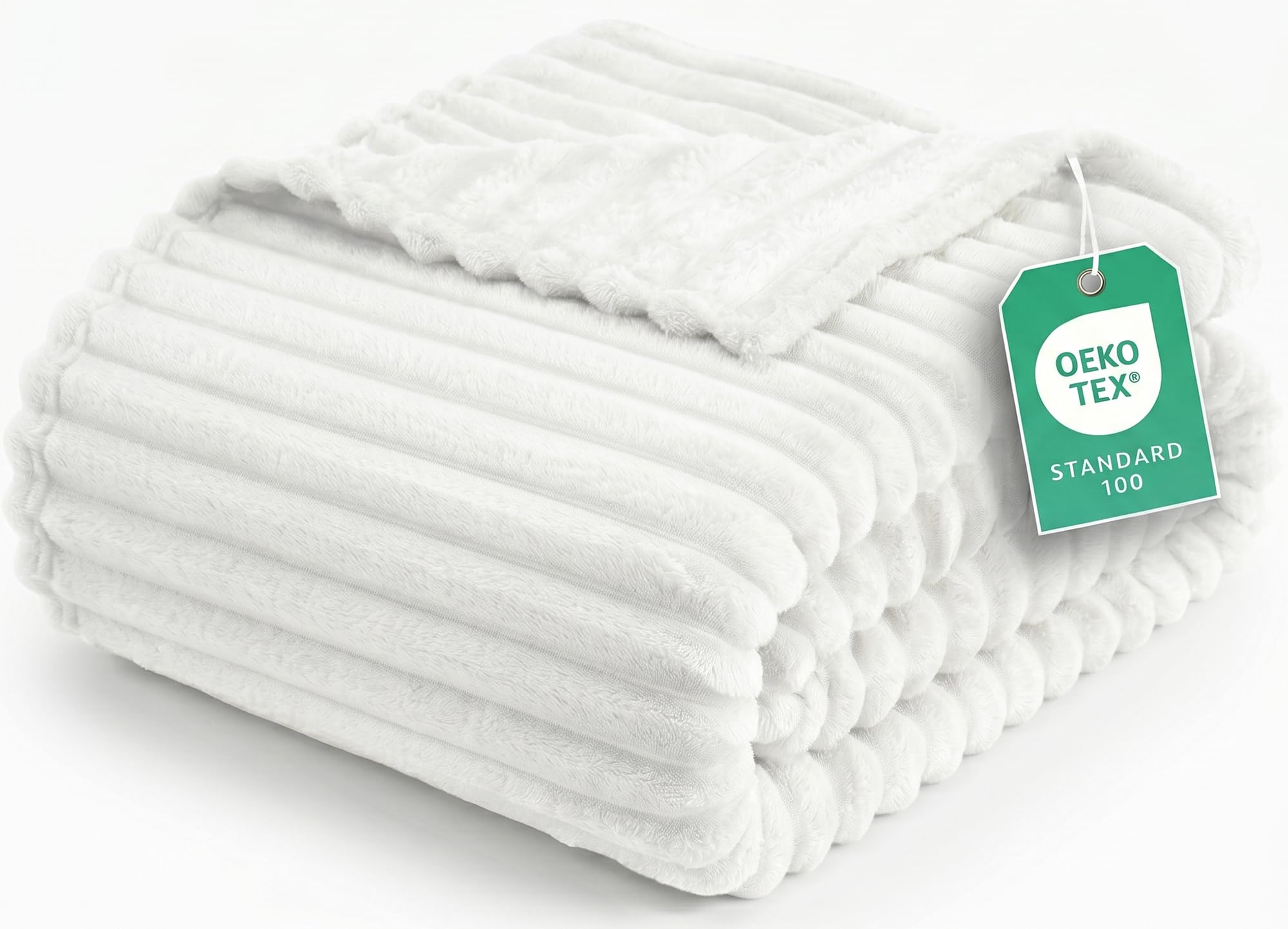 bedding off white striped fleece blanket king size – fluffy, warm & lightweight ribbed throw for bed, sofa & chair - soft cozy blanket for home décor & gifting (90x102 inches)