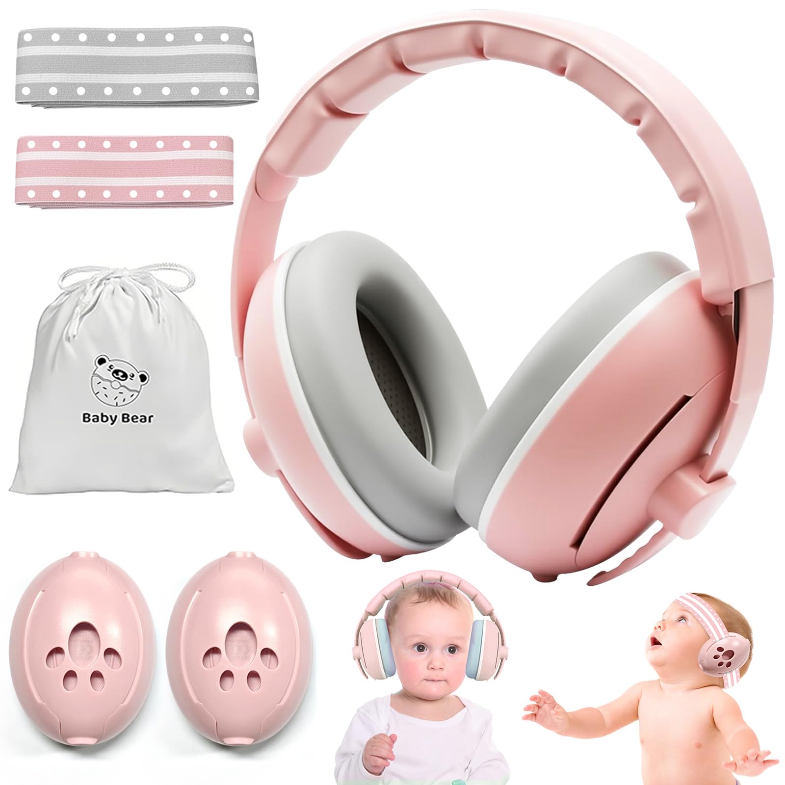 BITOWO 2 in 1 Newborn Baby Ear Defenders 0-3 3-6 6-12 12-18 Months Age 2 3 4 Toddler Kids Children for Plane Flying Noise Cancelling Toddler Baby Headphones Ear Muffs for Noise Airplane Travel Pink