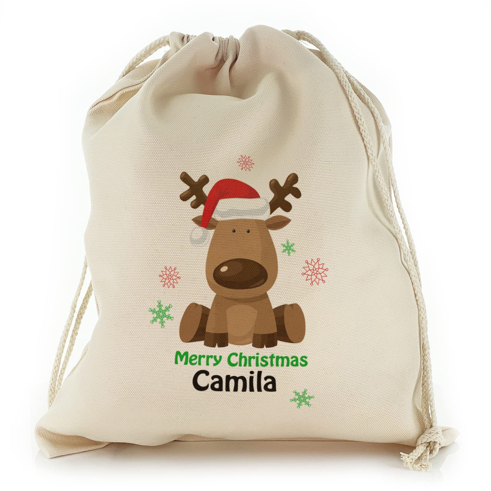 Personalised Gift Bag For Christmas, with Xmas Green Reindeer Snowflake Design Print, Reusable, Xmas Drawstring Sack Customised with With Name/Initials/Text, Sizes: XXS, XS, S, M, L, XL