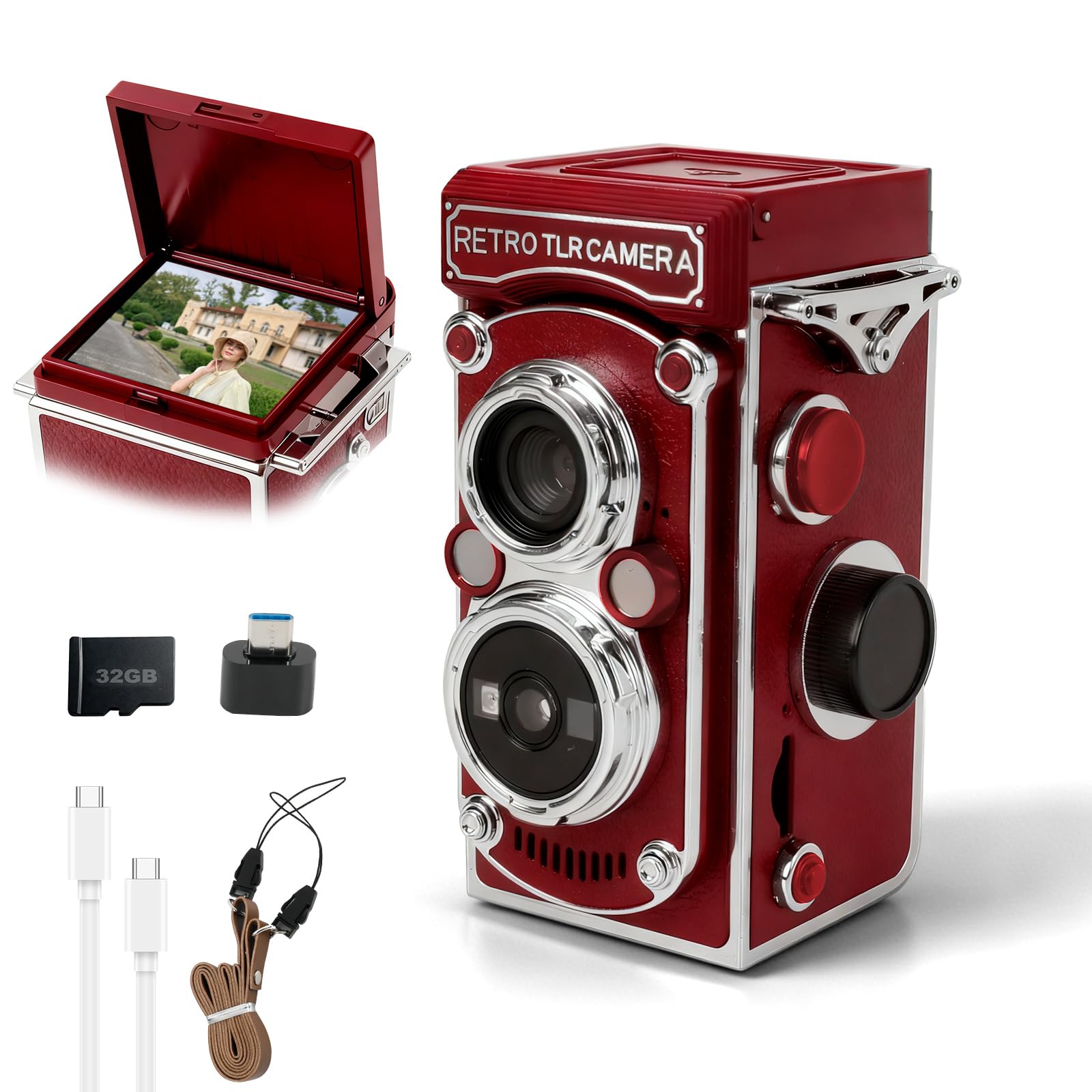 Mini appareil photo numérique rétro, résolution d'image 48 MP vintage à manivelle avec carte mémoire de 32 Go, écran de 1,54", vision nocturne 1080p, pour débutants, adultes et adolescents (rouge)