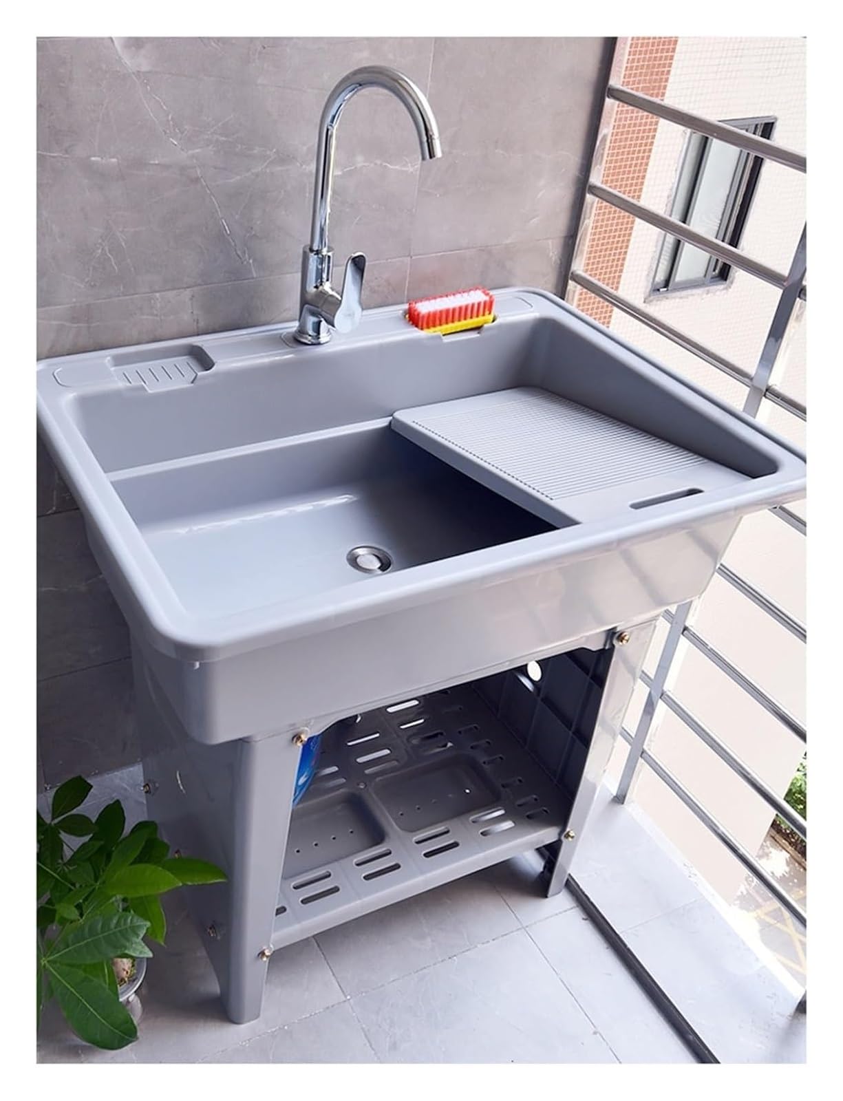 ZCXMNL Utility Sink Laundry Tub With Faucet, Freestanding With Stainless Steel,Indoor Outdoor With Cold And Hot Water, Garden Sinks For Backyard(Grey,65x56x80cm)