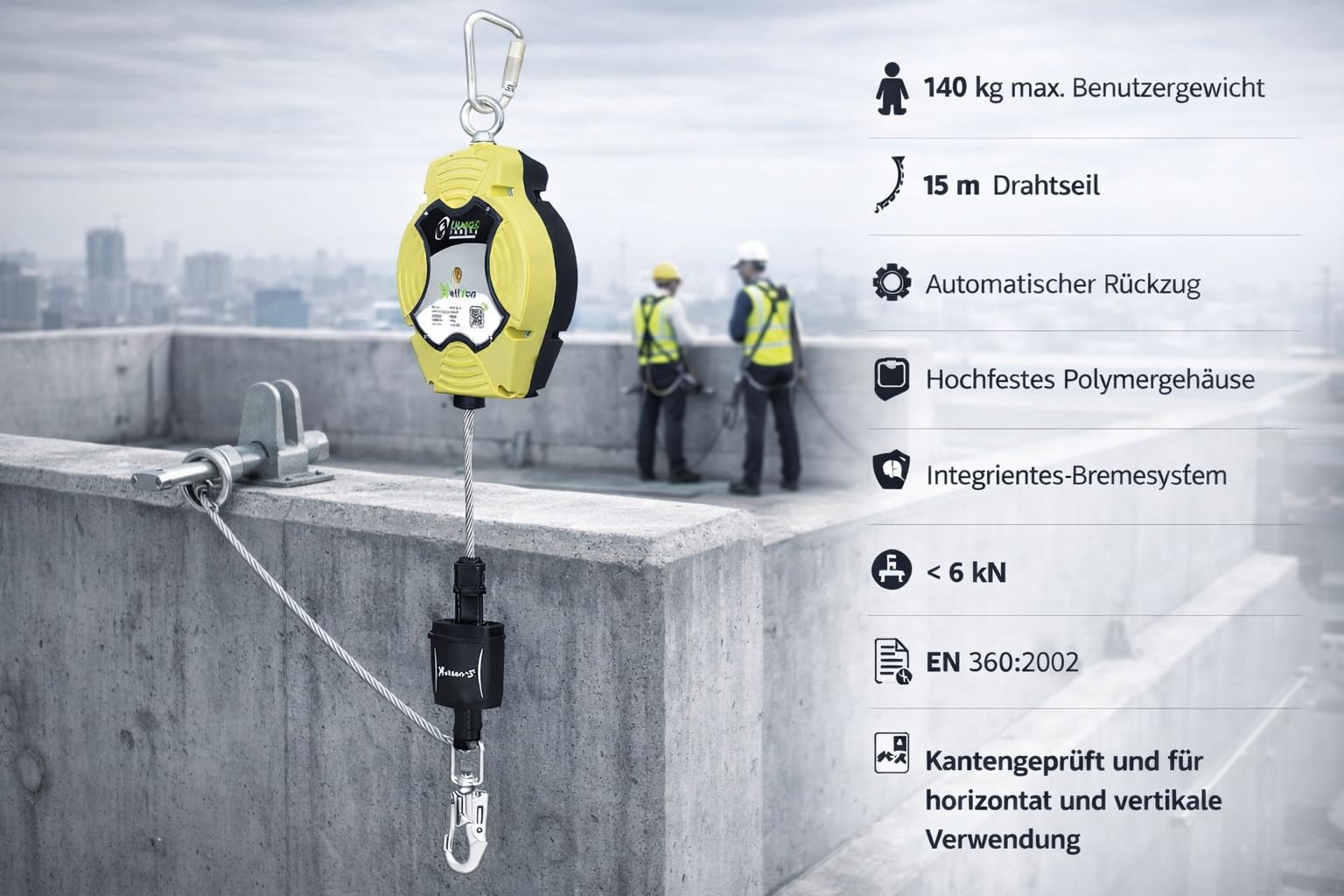 KRATOS SAFETY - HELIXON-S câble, antichute à rappel automatique 15 m, utilisation verticale et horizontale
