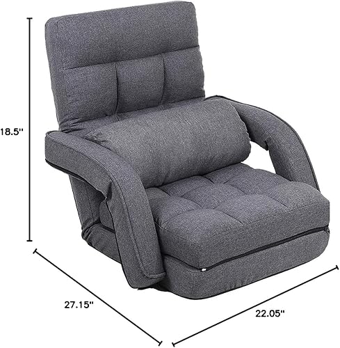 Miniatura 18 de FLOGUOR Silla de suelo, tumbona para interiores, sofá perezoso plegable ajustable de 14 posiciones con reposabrazos y una almohada, sillas