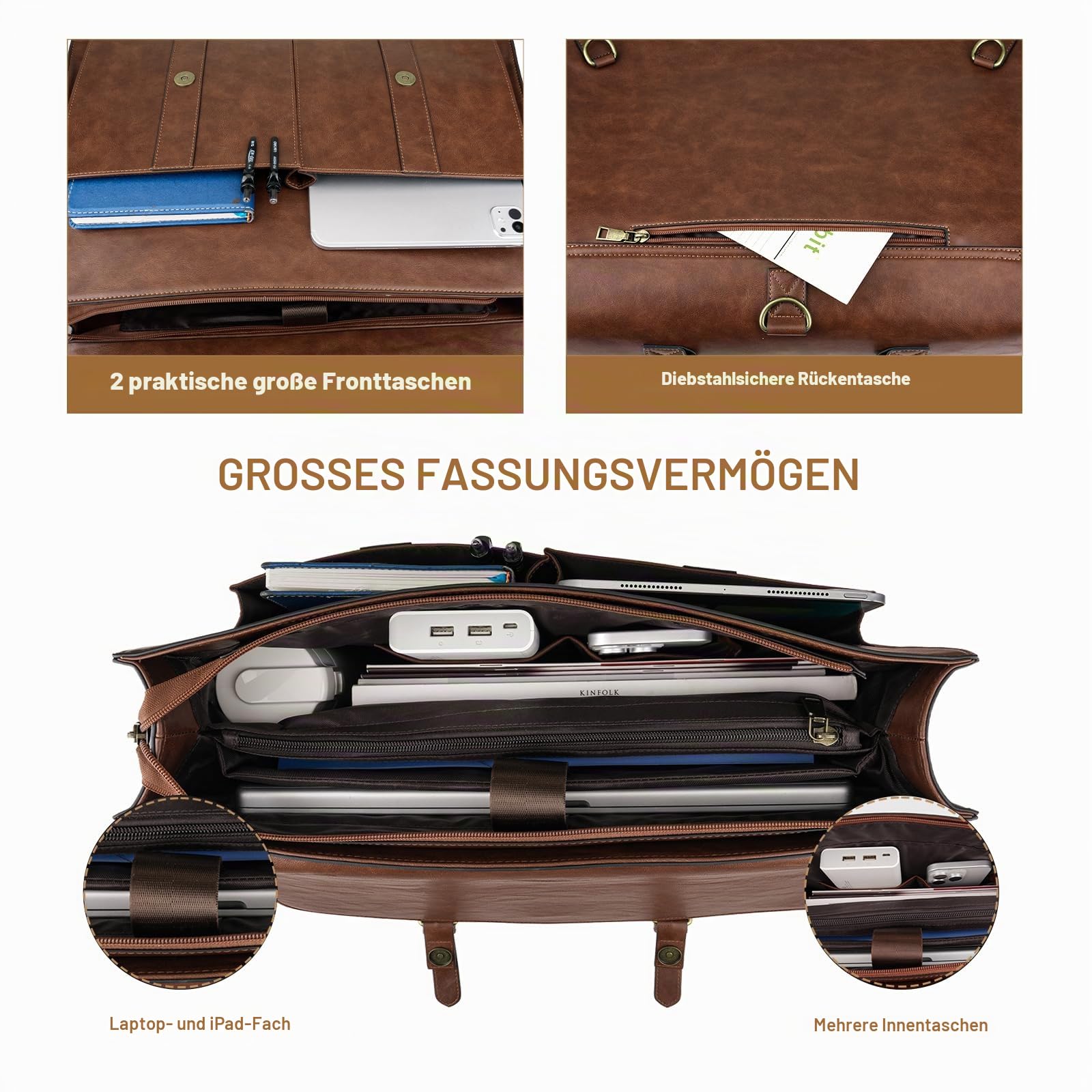MOSISO Laptoptasche Herren, 15,6 Zoll PU Leder Aktentasche Arbeitstasche