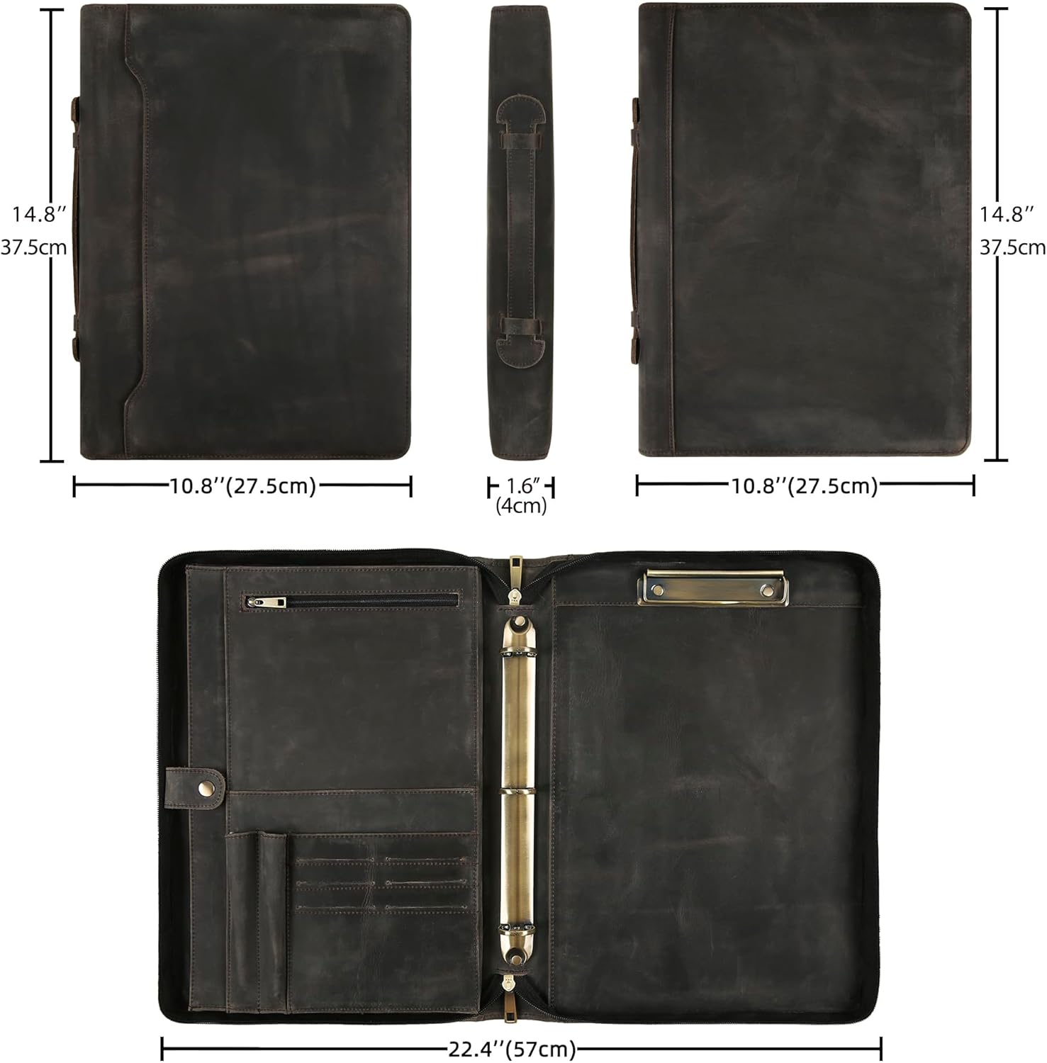 Personalized Padfolio for Men, 8.5 × 14” Legal Size Portfolio Organizer, Leather Binder 3 Ring, Leather Clipboard for Women, Leather Portfolio with Handle for 15-inch Laptop (Non-Custom, Gray)