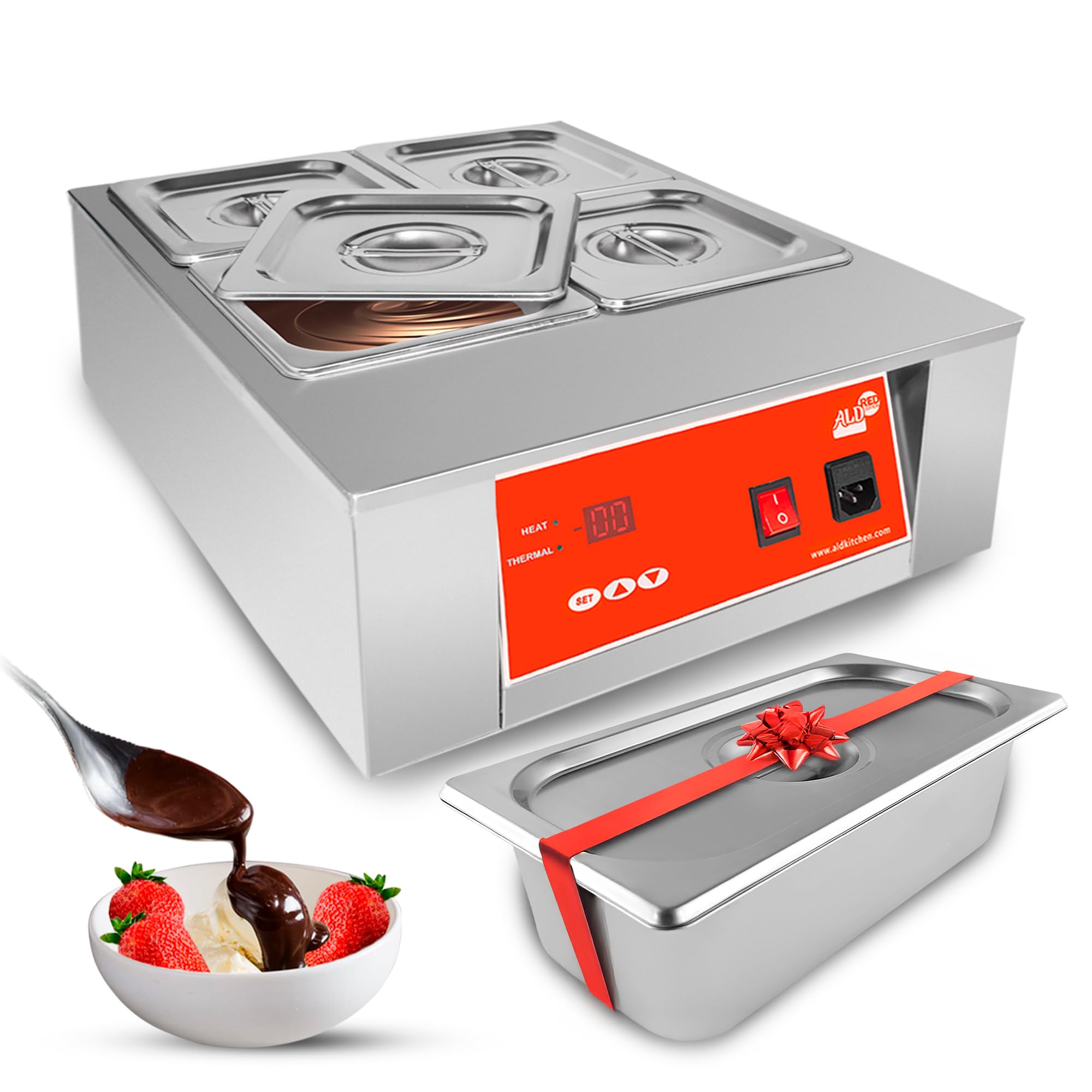 ALDKitchen Electric Chocolate Melting Pot | Chocolate Fondue | Stainless Steel | 110V | 4 tanks (4.5 lb (2 kg) x 4))