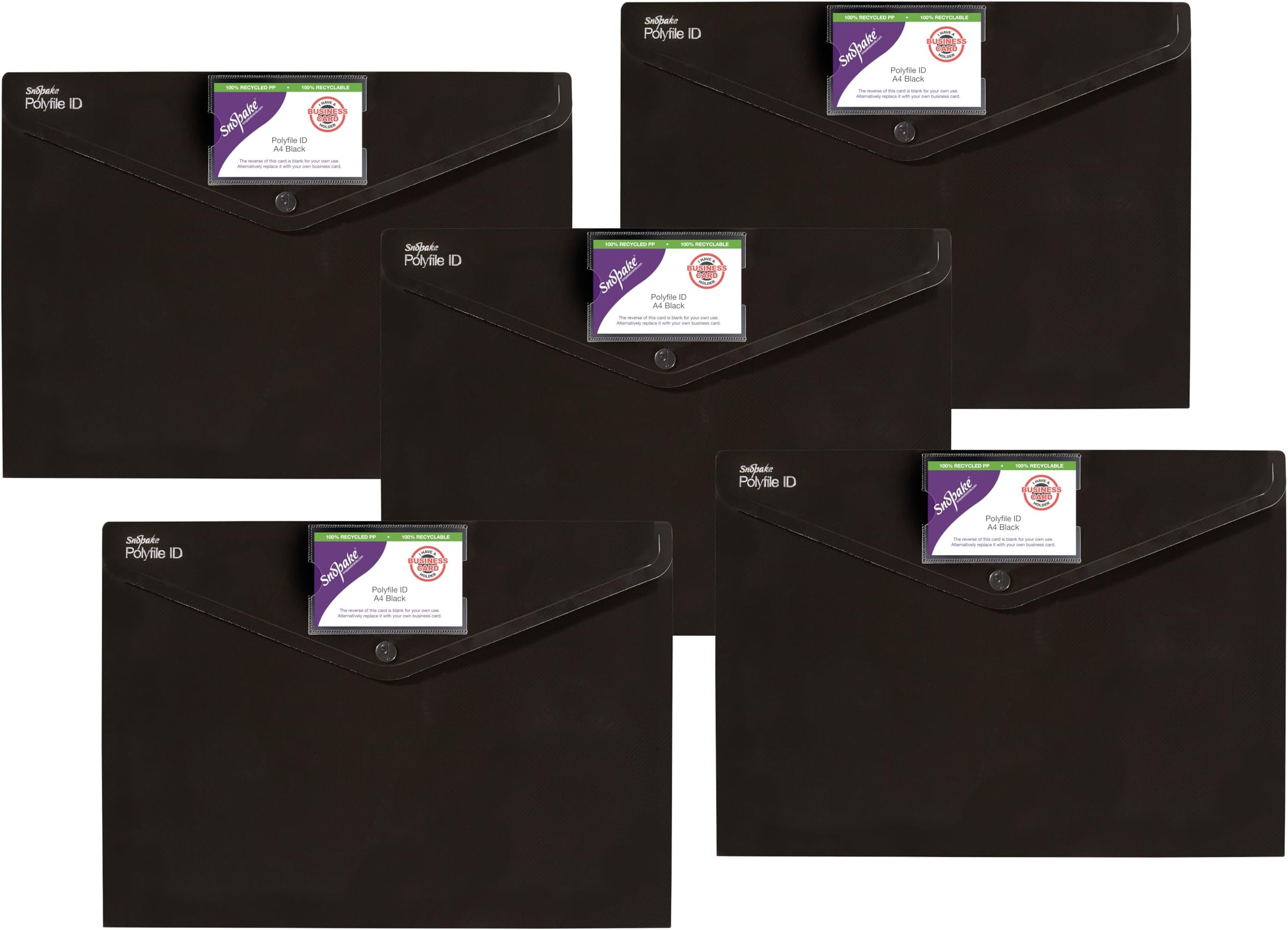Snopake [100% Recycled] A4 Polyfile ID Popper Wallet with Press Stud Closure – Black [Pack of 5] Ref: 12491