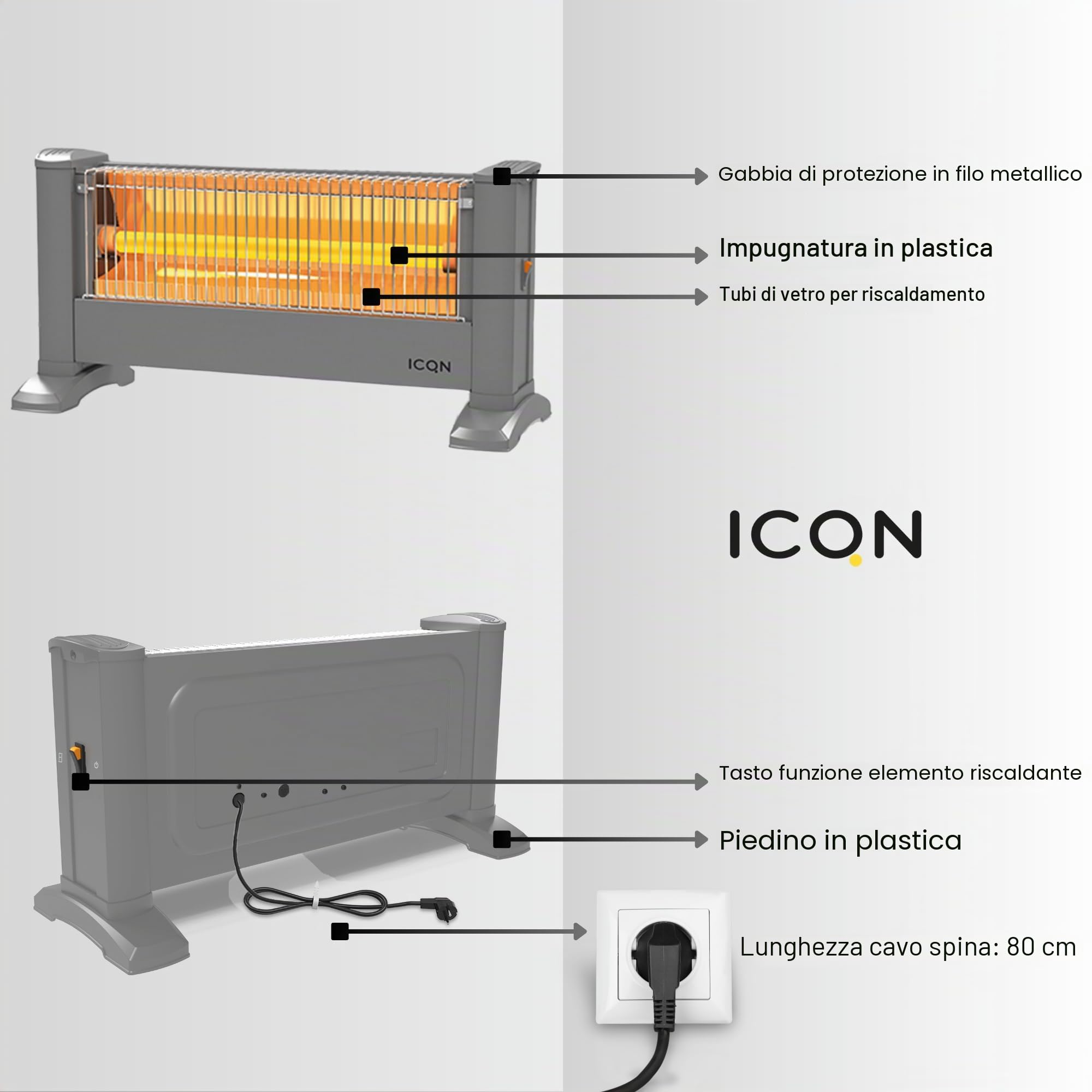 ICQN Riscaldatore a raggi infrarossi, per ambienti fino a 10 m², 900 W, IP20, riscaldamento elettrico, cavo da 135 centimetri, riscaldatore per ufficio o casa, riscaldamento a infrarossi (argento)