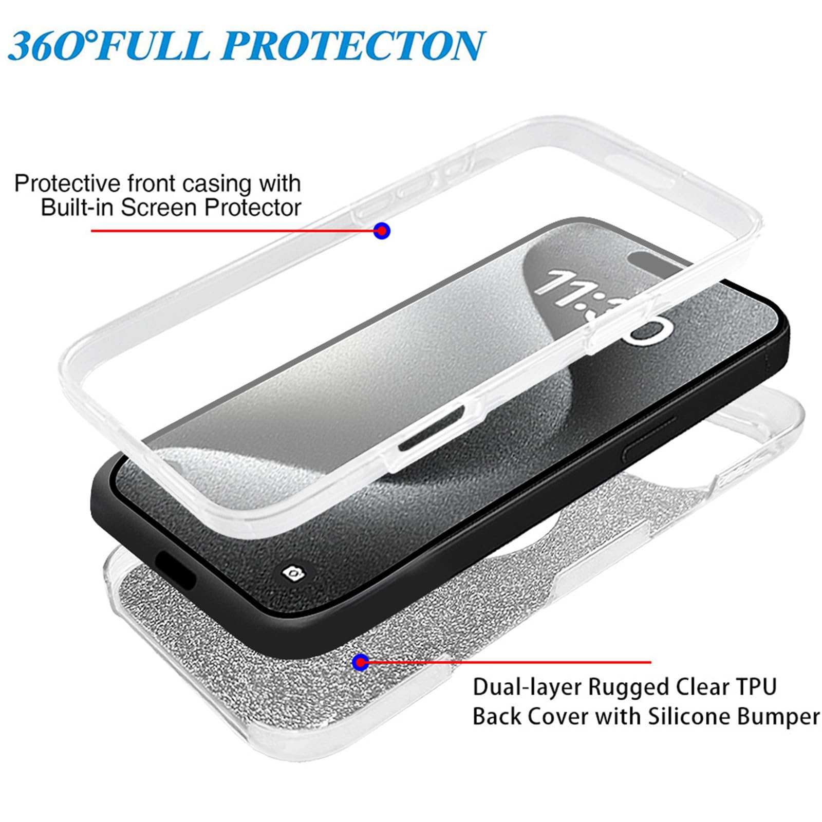 Magnetyczne etui do iPhone'a 16 Pro Max / 16 Pro/16 Plus/16, wbudowana osłona ekranu, brokatowe kryształowe, ochrona telefonu, kolor srebrny, rozmiar 16 Plus