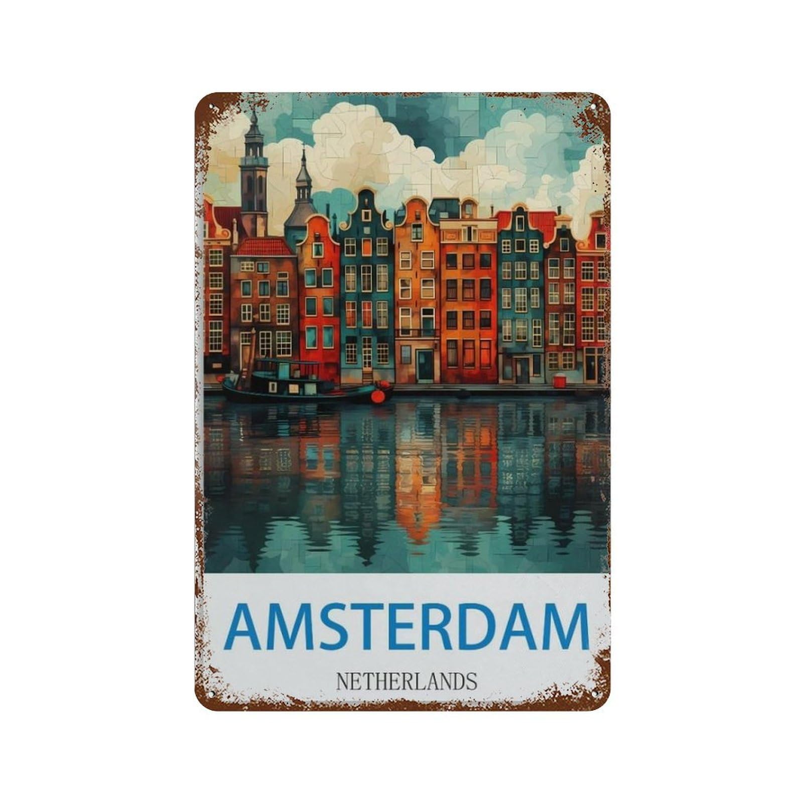 Vintage Travel Poster Amsterdam Netherlands,Tin Sign Vintage Retro Man Cave Bar Pub Shed Novelty Gift Aluminium Metal Tin Wall Décor Sign(20x30cm）8x12 inch-J28