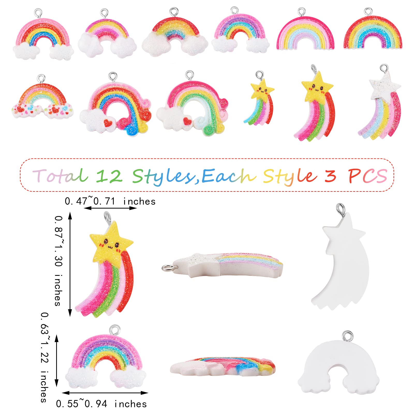 36 ciondoli arcobaleno a forma di nuvola arcobaleno in resina a forma mista per gioielli, collane, orecchini e artigianato