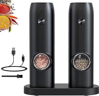 Electric Salt and Pepper Grinder Set, 2Pcs Rechargeable Salt and Pepper Mill with Charging Base, LED Light, Adjustable Coarseness Pepper Salt Mill Grinder, Refillable Salt and Pepper Shakers