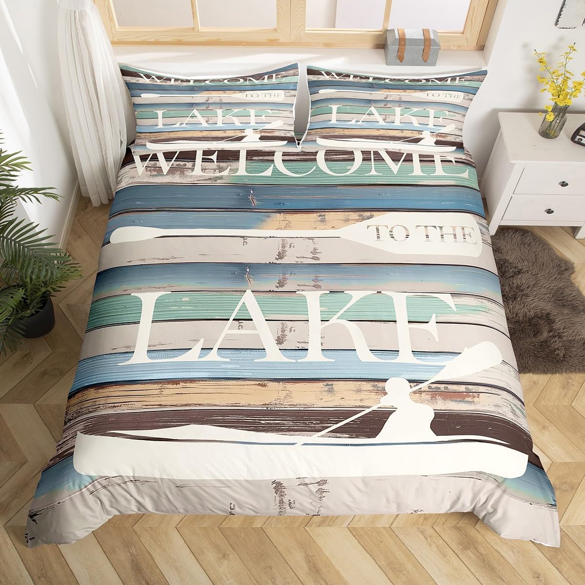 Grey Rustic Farmhouse Duvet Cover Set Full Size Lake House Style Bedding for Men Women Teens Boys Room Decor Boating Traveling Comforter Camping Lovers Quilt with 2 Pillowcases