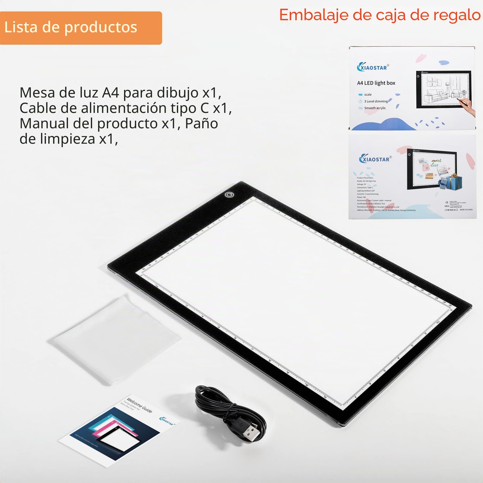 Mesa de Luz de Dibujo LED,Tableta de Luz LED,Tablero de Pintura de Diamante Ultrafino,Cable USB con Brillo Ajustable para Artistas,Animación,Dibujo,Diseño,Bosquejo,Bordado (LB-A4-it)