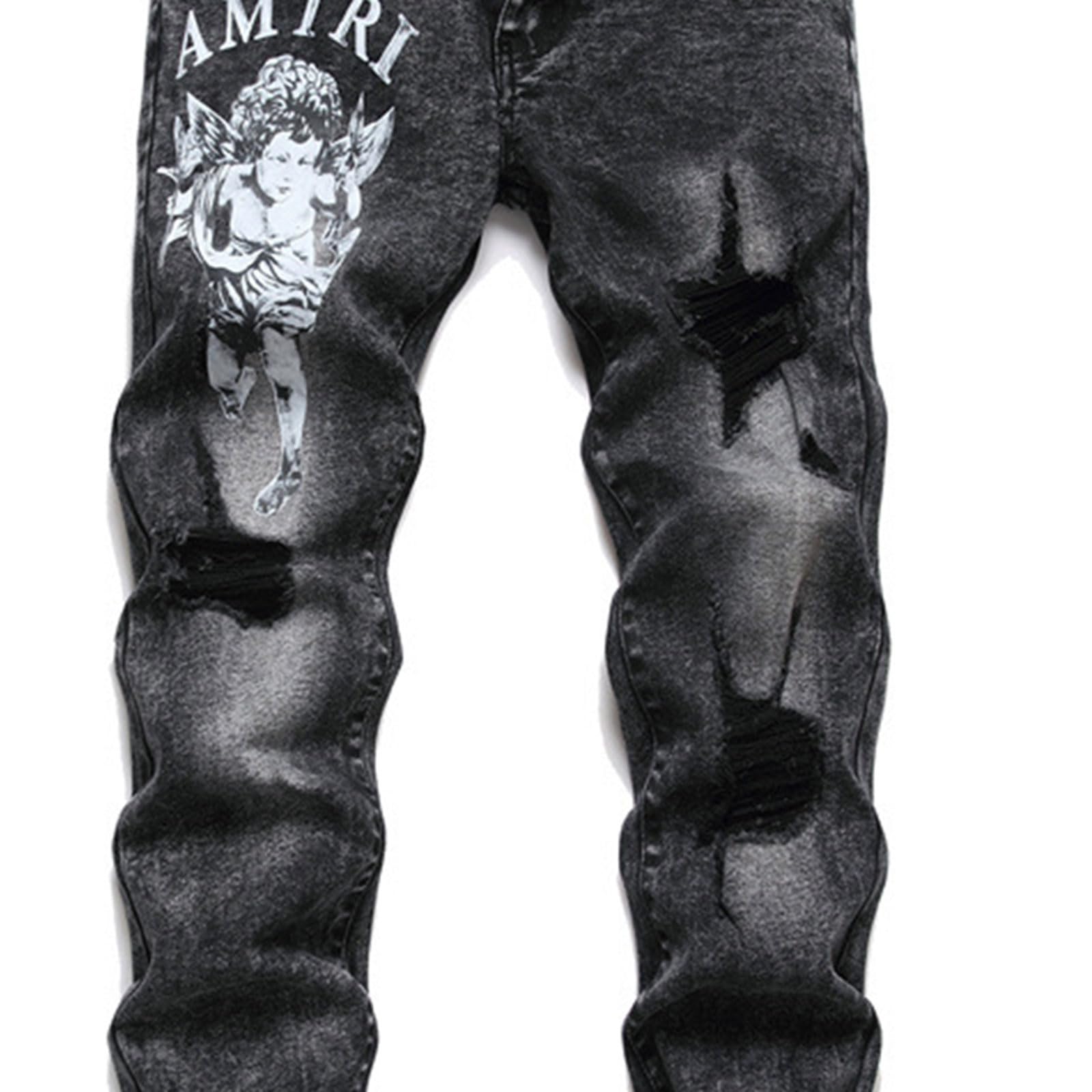 Jeans Stampati Modello Punk retrò da Uomo Goth Harajuku Punk Primavera E Autunno Moda Tendenza Sottile Jeans Dritti Elasticizzati