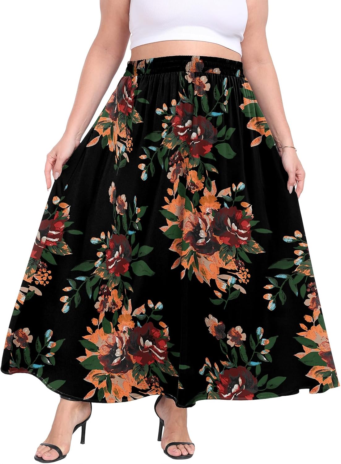 Lastshe Plus Size Maxi Skirts for Women Casual Elastic High Waist Inside Drawstring Flowy A-line Long Skirt with Pockets - Image 3