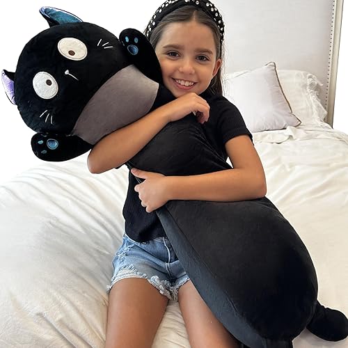 MorisMos Almohada de felpa de gato de 40 pulgadas de largo, almohada corporal de gato negro grande para adultos, adolescentes y niñas, animales de