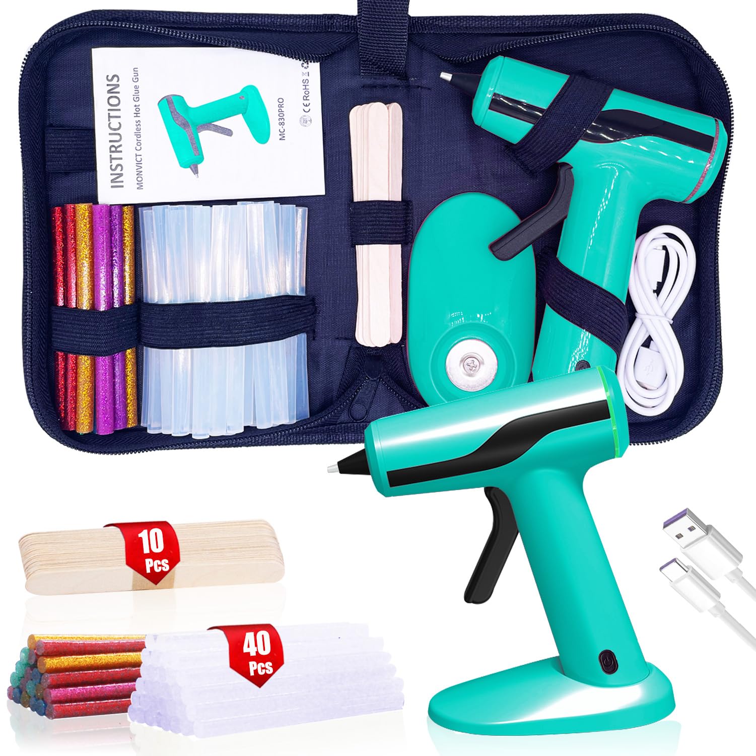 MONVICT Smart Power-Off Cordless Hot Glue Gun Mini Glue Gun Kit with 2 2A Battery Storage Bag 40