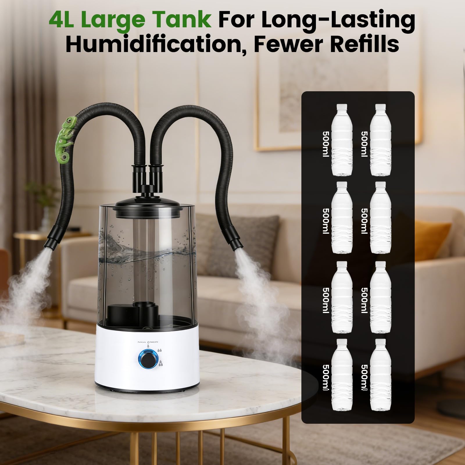 Humidificador Aéreo para Reptiles, 4L Generador Niebla para Terrarios con Tubo Doble Extensible, Ajuste en Tres Niveles del Tamaño de la Niebla, Vaporizador Ultra Silencioso para Reptiles