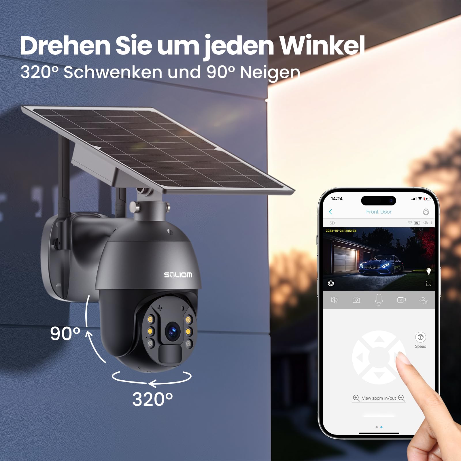 SOLIOM 4G LTE Überwachungskamera Aussen Solar mit SIM Karte, 2K HD Kamera Ohne WLAN Outdoor mit Akku, 360° Sicht & Automatische Verfolgung, Farb-Nachtsicht, Ideal für Garten, Bauernhof, Baustelle
