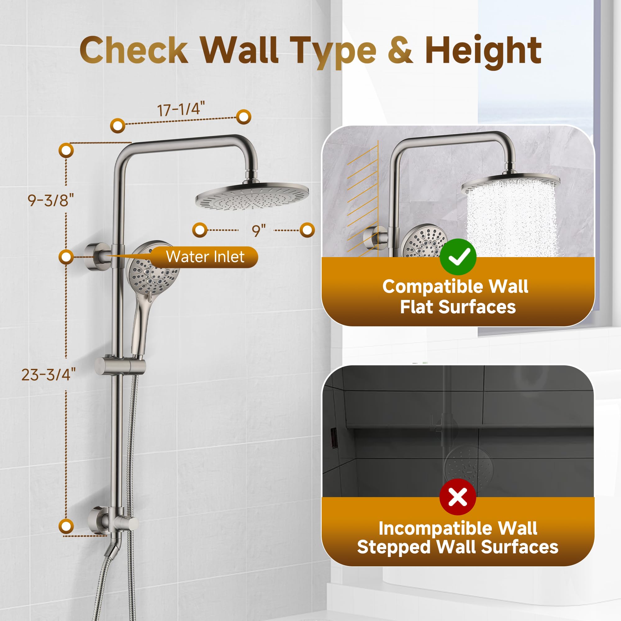 BRIGHT SHOWERS Soffione doccia a pioggia con soffione doccia a pioggia e soffione doccia portatile con supporto regolabile in altezza, guida in ottone massiccio, tubo in acciaio inox lungo 152 cm
