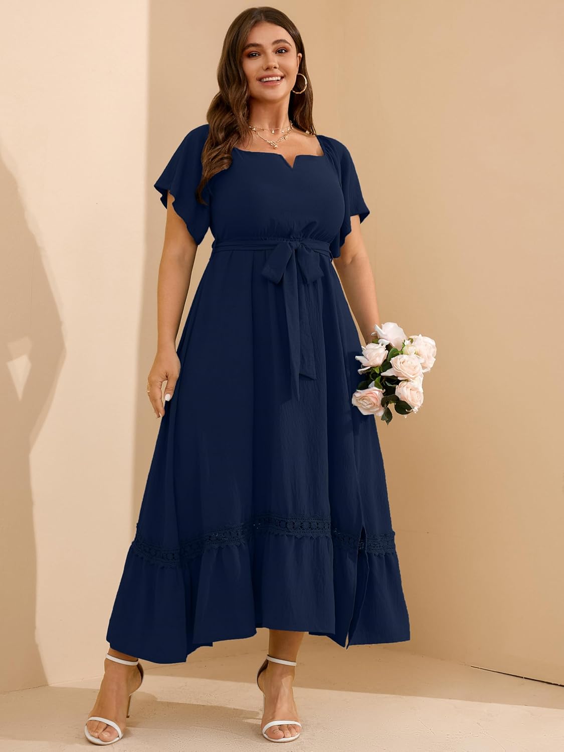 RWJ Women's Plus Size Dress for Cocktail Wedding Guest Formal V Neck Off The Shoulder Maxi Dress with Belt