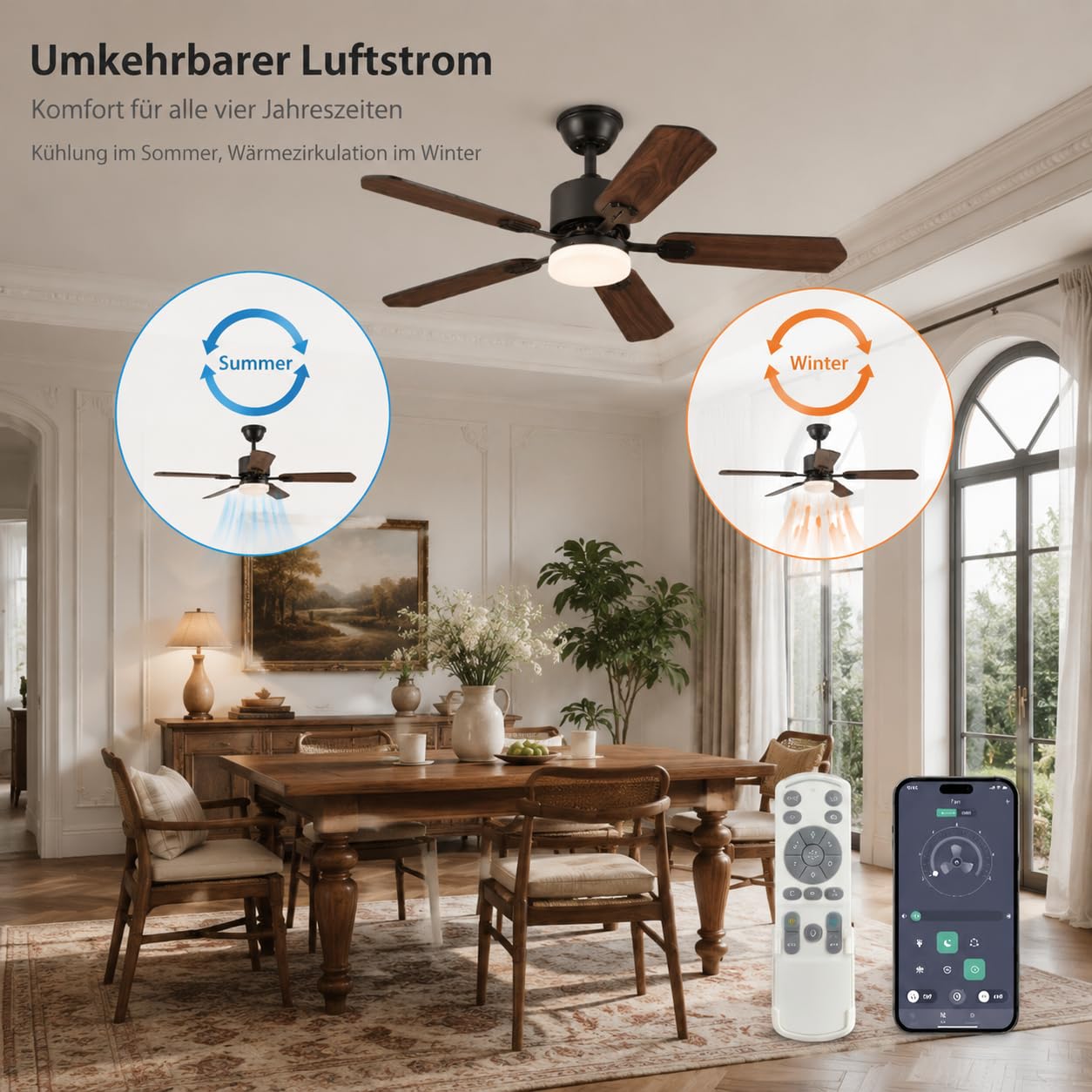 DATO Deckenventilator mit Beleuchtung und Fernbedienung,108 cm,5 Holzflügel,3 Farbtemperaturen,Timer,für Schlafzimmer und Wohnzimmer (Schwarz, 108 cm)