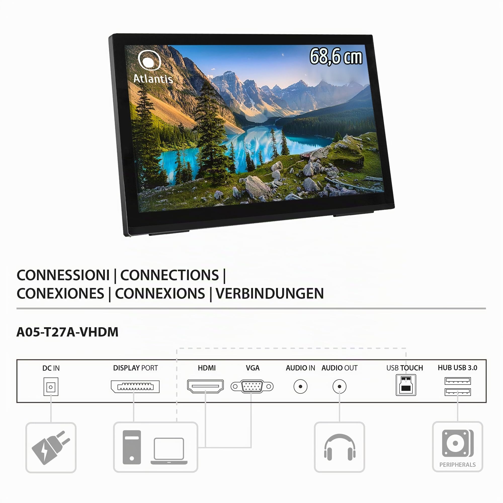 Atlantis Monitor Touch 27 pollici Full HD a 10 tocchi, vetro 7H | 1920x1080 HDMI/VGA/DP, inclinazione 15°-50°, contrasto 1000:1, angolo 178°, VESA 100, cod. A05-T27A-VHDM