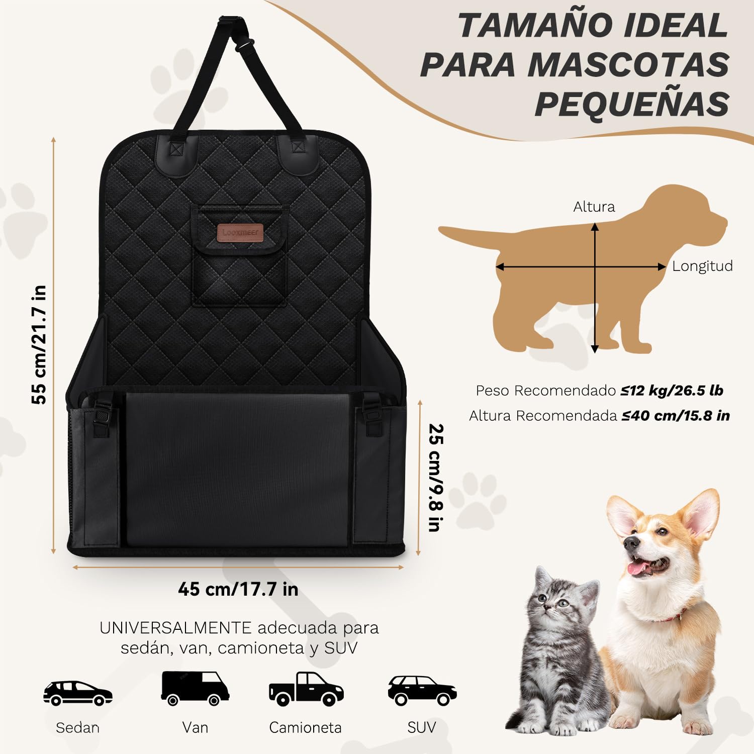 Asiento Coche Perro, Funda Protector Delantero Homologado con Pared Reforzada y Cinturón Seguridad, Cubierta Extra Estable Plegable Impermeable, para Perros Pequeño Mediano Negro