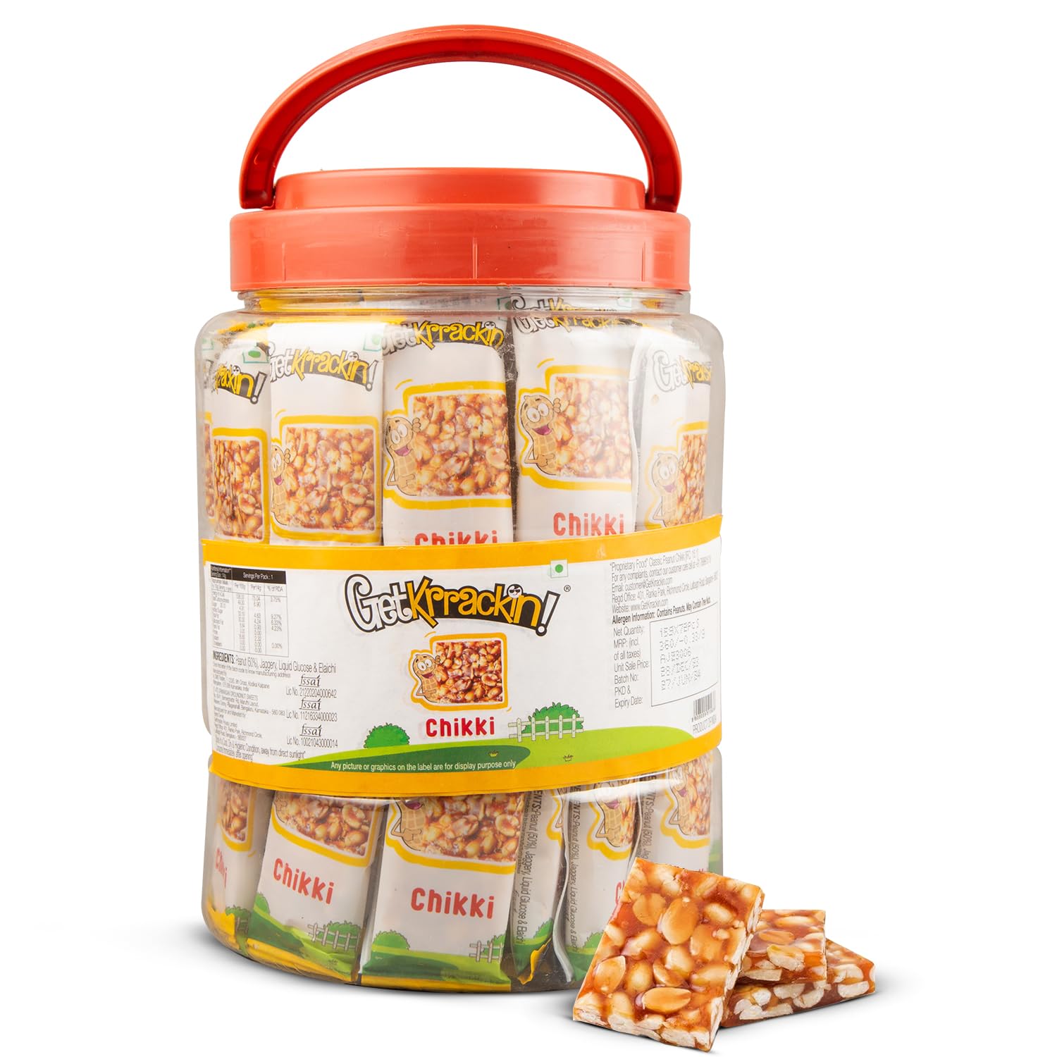 GetKrrackin! Peanut Chikki Jar|Pack Of 72 Pcs (15 Gram Each)|Crushed Peanut Gajak With Jaggery|No Added Colors Or Preservatives|Crunchy Gazak|Gud Patti|Kadalai Mittai|Indian Sweets & Snacks
