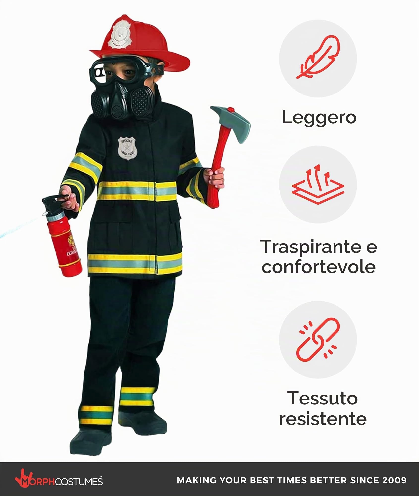 Morph Costume Pompiere Bambino, Costume Halloween Bambino | Giacca con Bordi Riflettenti, Pantaloni, Casco & Estintore, Perfetto per Halloween, Ideale per il Gioco di Ruolo