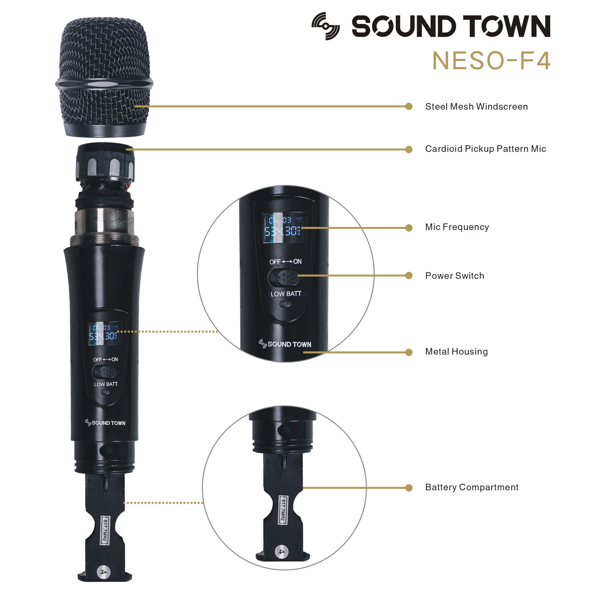 Sound Town 4 Channels Professional UHF Wireless Microphone System with Rack Mountable Metal Receiver and 4 Handheld Mics, for Church, School, Outdoor Wedding, Meeting, Party and Karaoke
