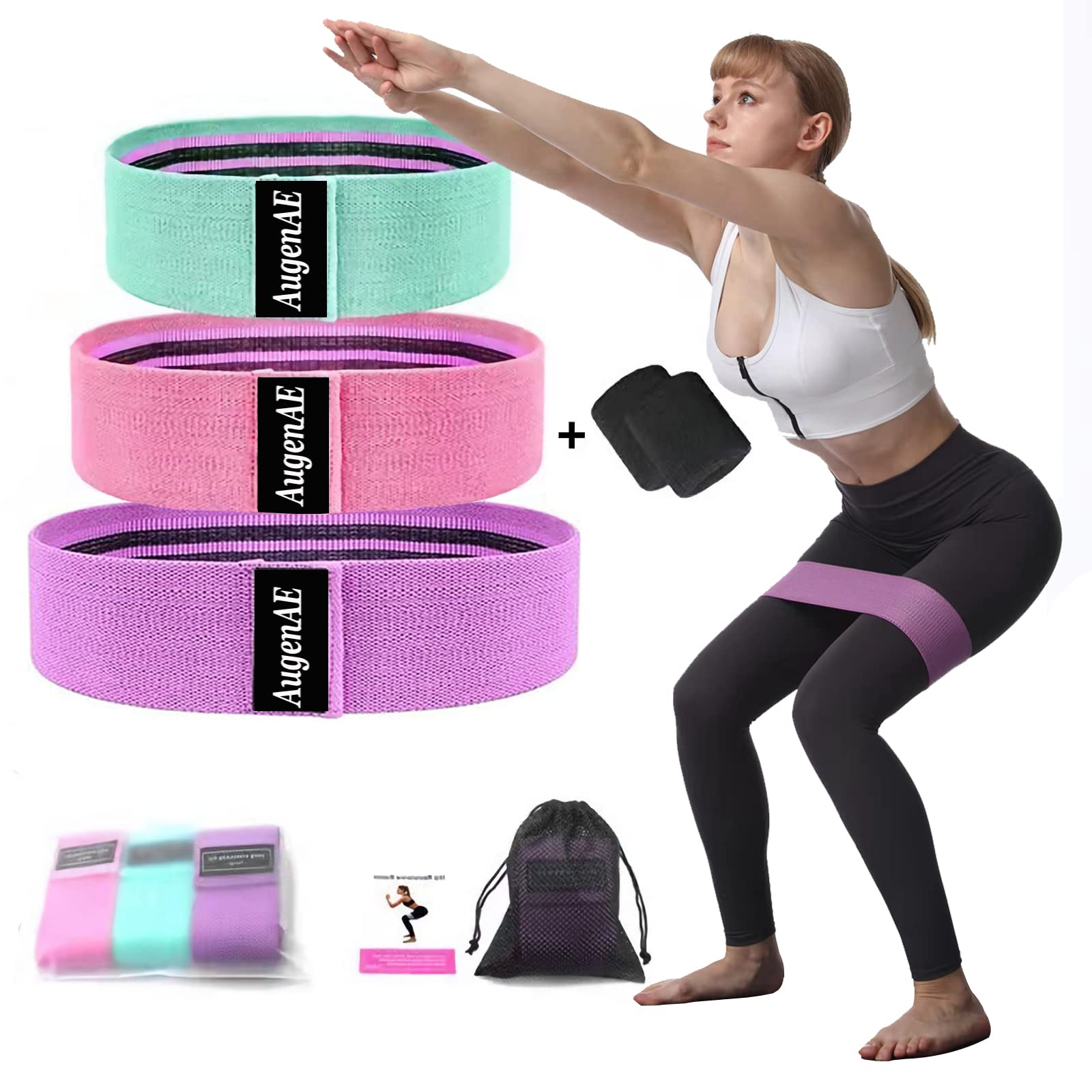 AugenAE Women's Resistance Band Set, Non-Slip Fitness Bands with 3 Resistance Levels, Wide Fabric Stretching Bands for Glutes, Leg Work and Fitness, Great for Workout, Yoga, Glute Training