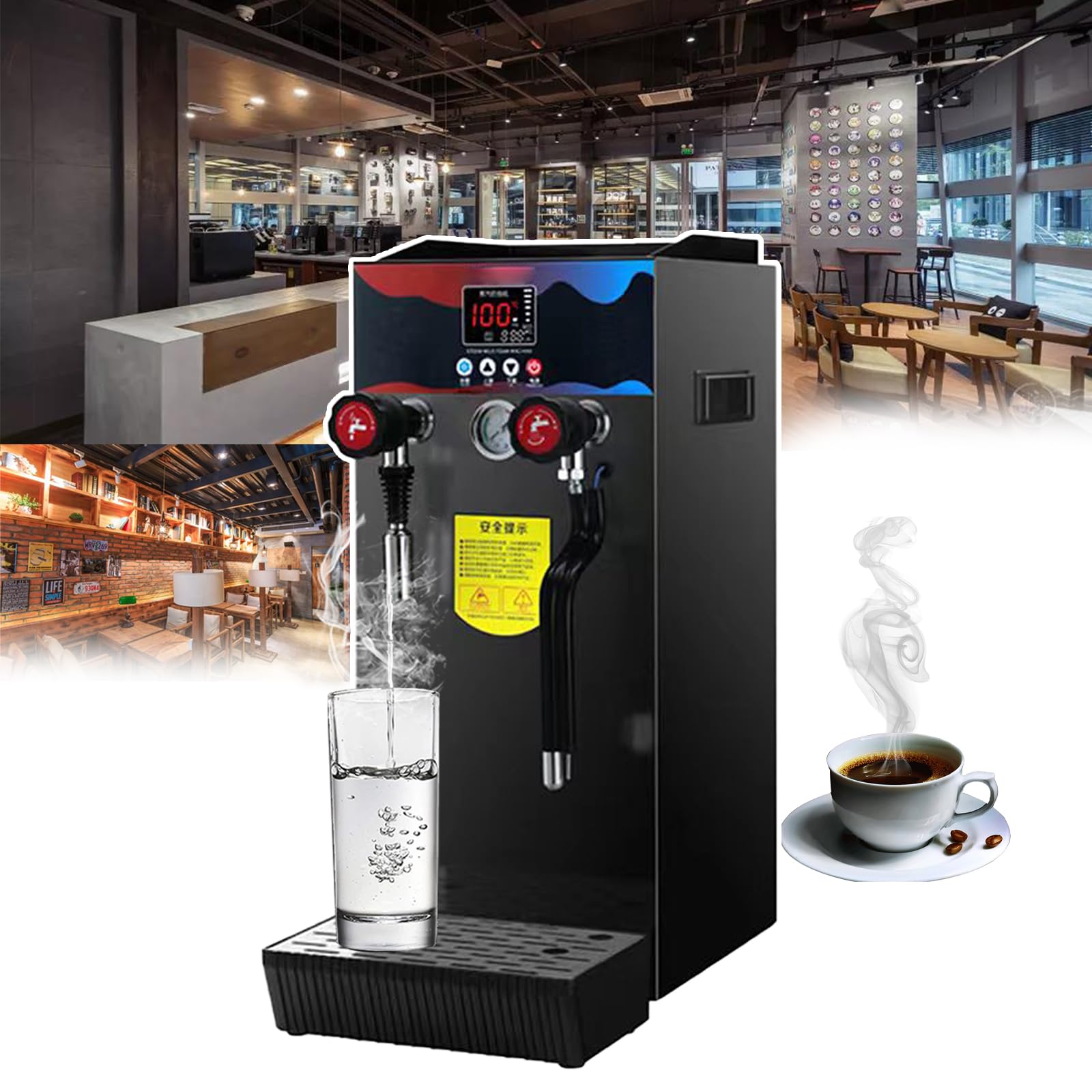 Steam Milk Frother Machine-10L.Water Boiler,Continuous Steam,Temperature Control/Pressure Relief Protection,w/Pressure Display,Dual Outlet.Easy to Clean,