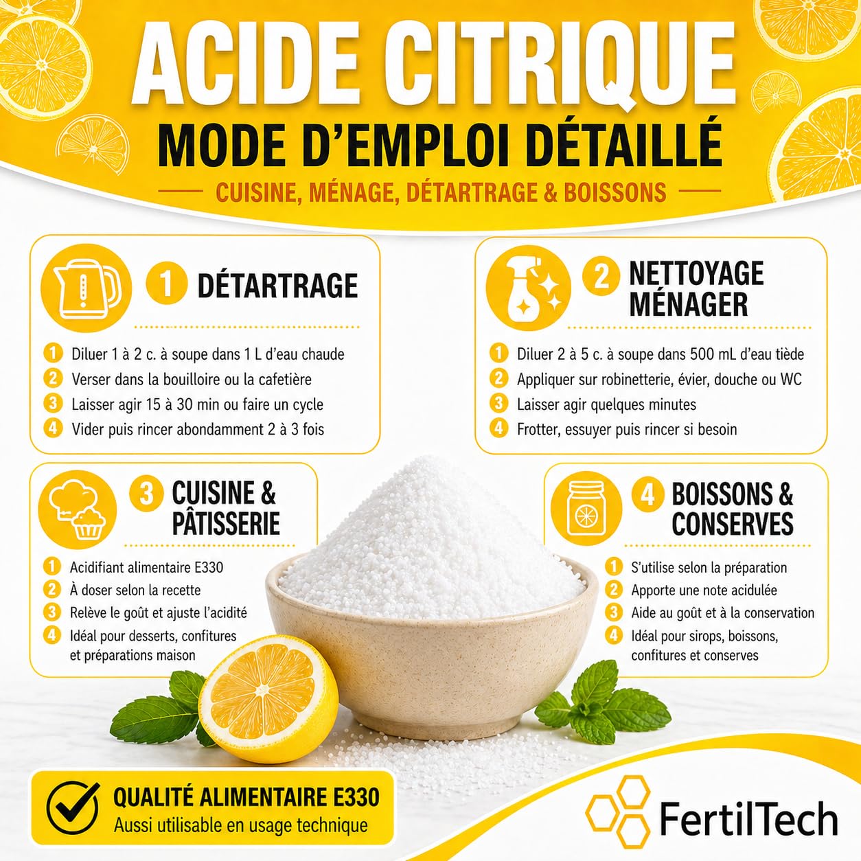 FertilTech Acide Citrique Monohydraté 1.5 kg E330 Qualité Alimentaire 100% Pur Pour Usages Alimentaires Cuisine et Pâtisserie Convient Aussi au Nettoyage Naturel Vegan