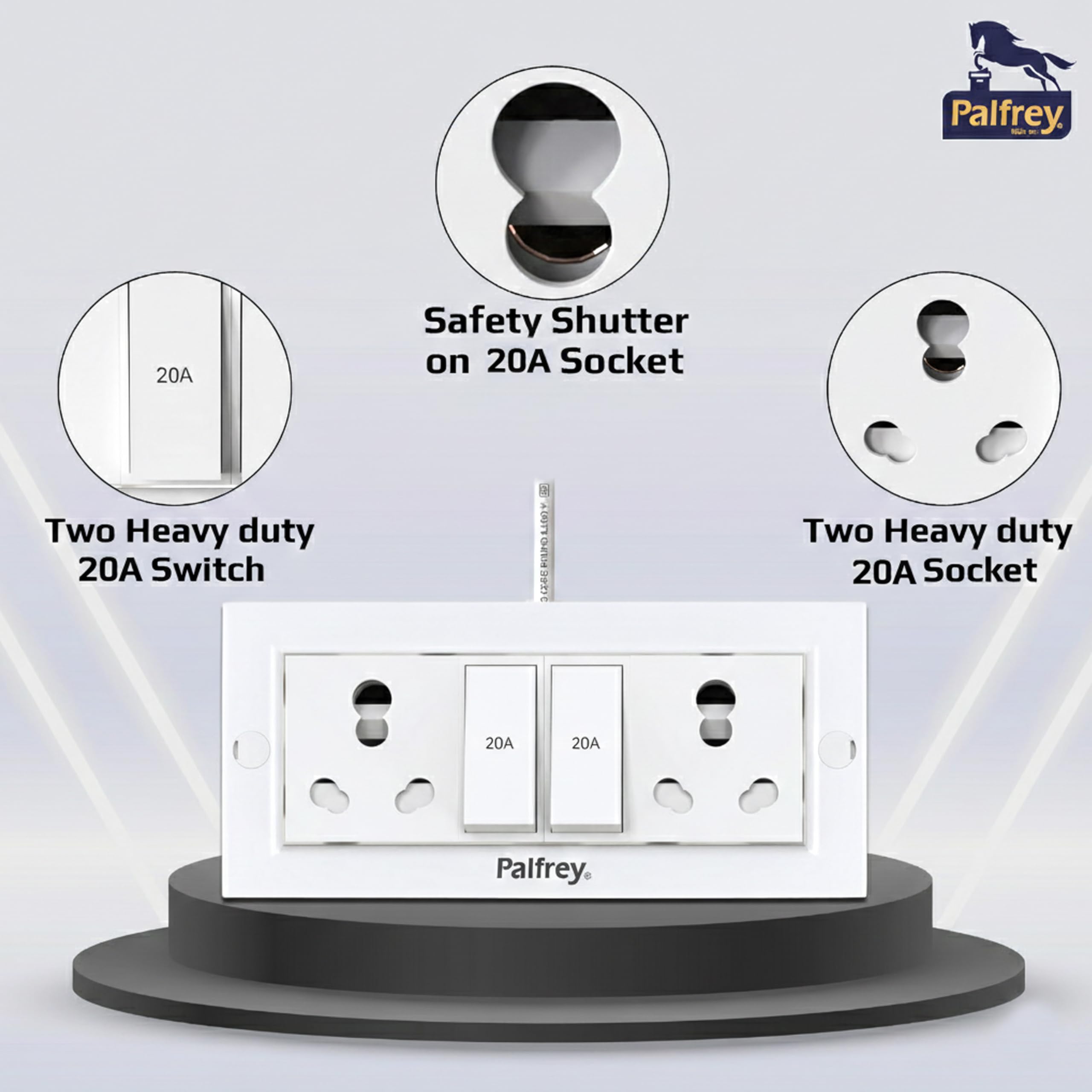 Palfrey Electric Extension Board - 16A/20A + 16A/20A with Two Switch and Heavy Duty 2 Meter Wire (2200W) (White), 240 Volts 3