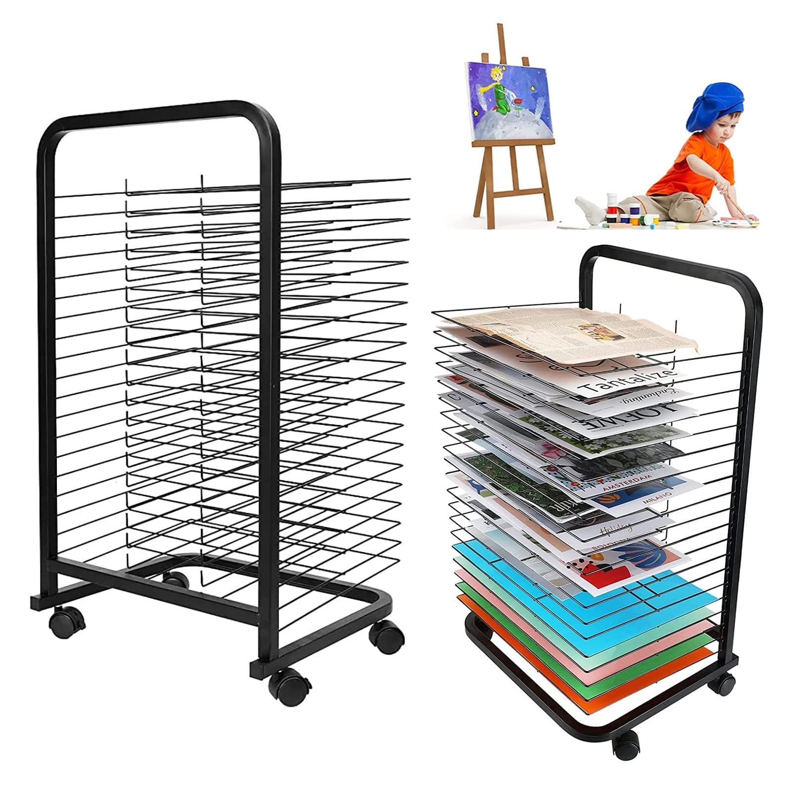Support De Séchage d'art Mobile pour Salles De Classe,Support De Rangement d'art Mobile en Métal À 20 Étagères,pour Œuvres d'art, Papier De Peinture Et Support De Séchage d'impression