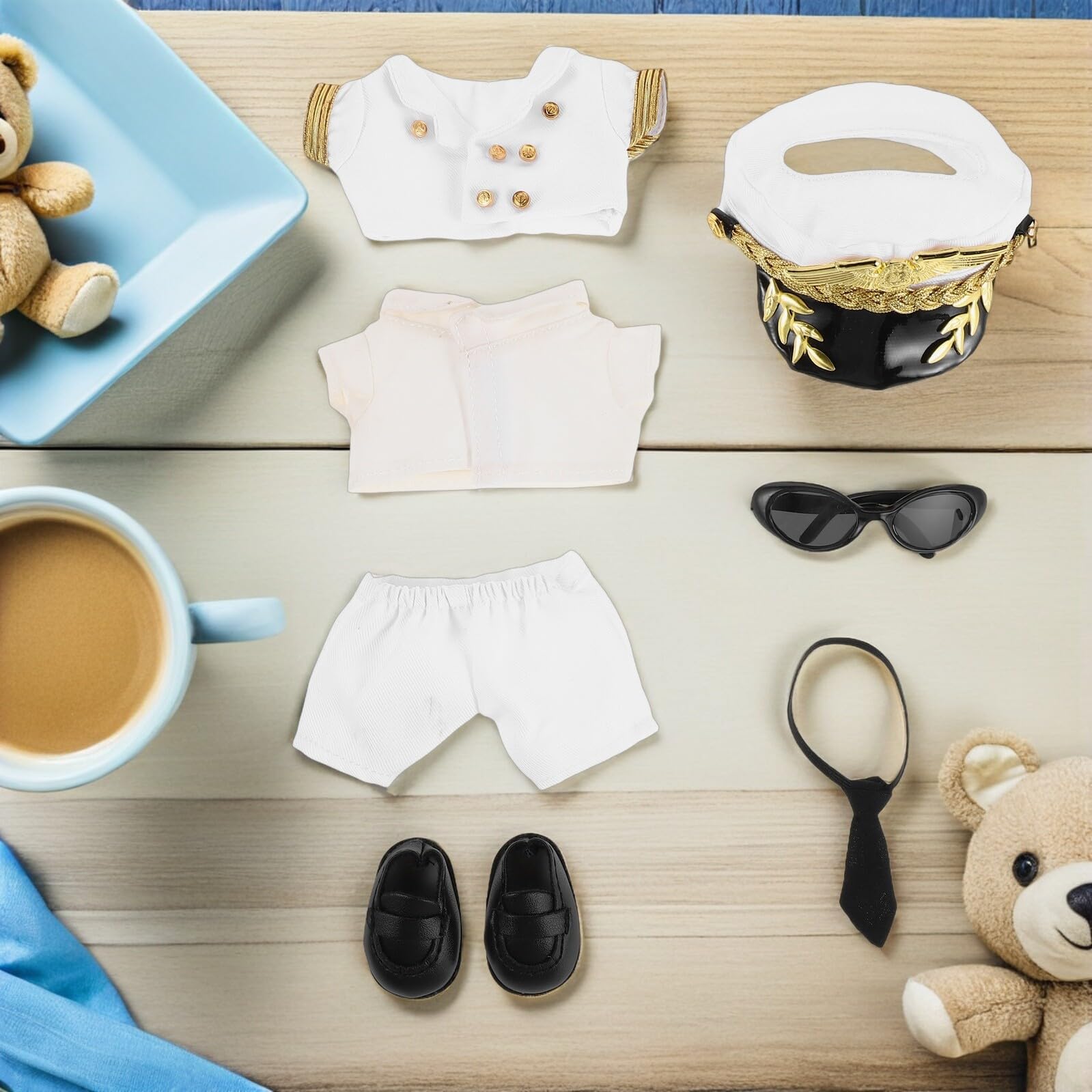 Gatuida Juego de Ropa de Piloto para Muñecas Pequeños Traje de Capitán Accesorios Decorativos y Negro Ropa Reutilizable de Peluche para Disfraz y Juego de Roles