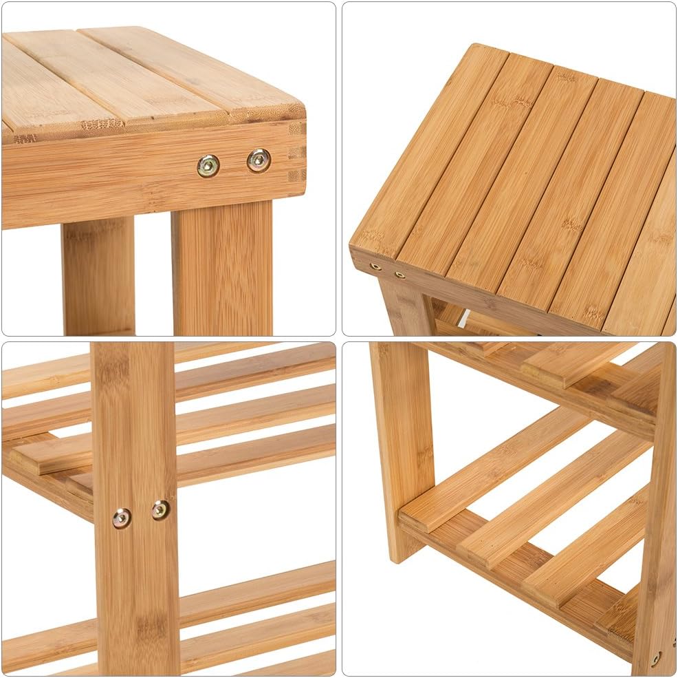 SMAGREHO Natural Bamboo Shoe Bench 2 Tier Shoe Rack Organizer Entryway Seat Storage Shelf