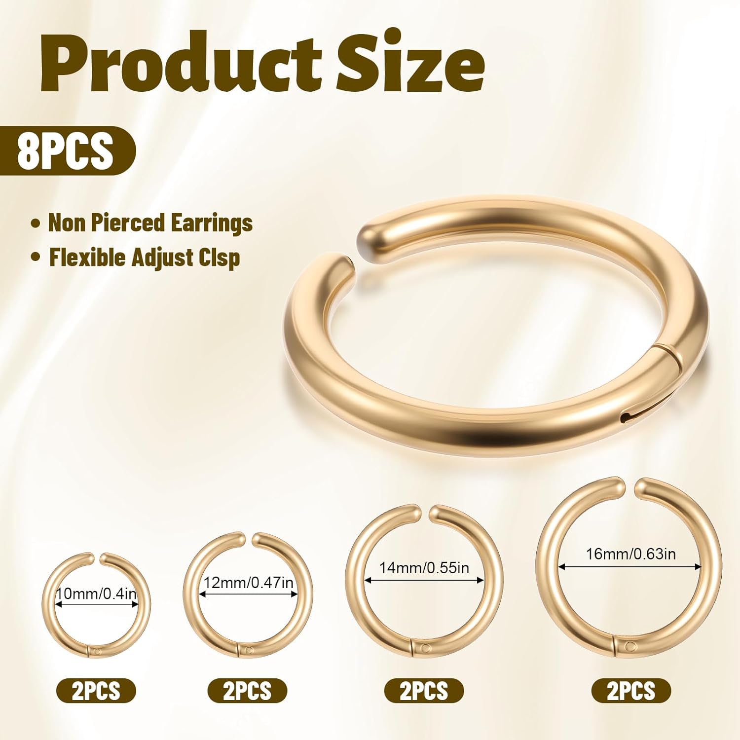 8 Pieces Clip on Earrings Gold Non-Piercing Fake Hoops for Men Women Cool Stainless Steel Clip on Earring Unisex Hoop Ear Clips Gifts Set Four Pairs of Different Sizes - Image 2