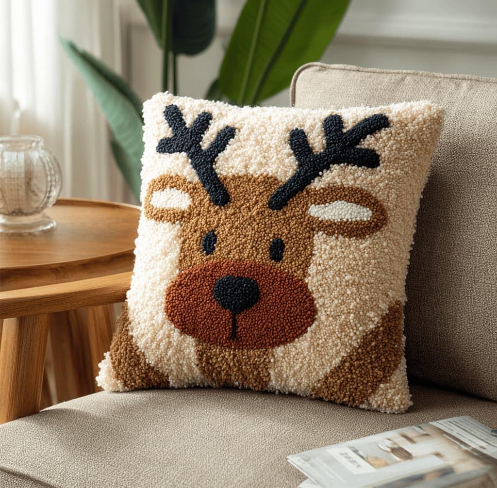 Kitquiver Latch Hook Cushion Kit,Elk DIY Throw Pillow Cover 43X43Cm