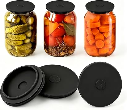 Wide Mouth Mason Jar Fermentation Lids Silicone Fermenting Caps with Waterless Airlock, Self-Burping Fermenter Tops for Pickles, Kimchi, and Probiotic Foods, 3 Pack Black Jars Not Included
