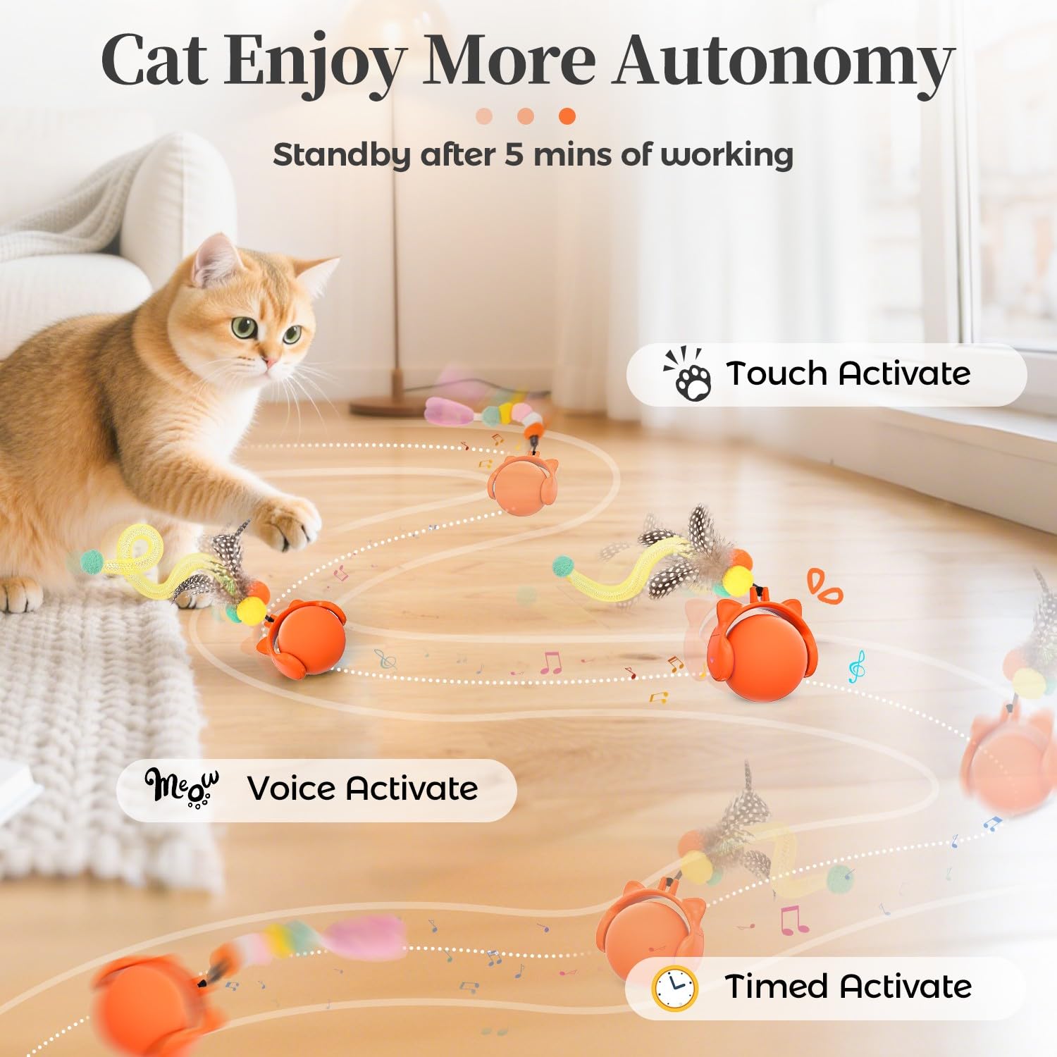 GoldenSun Cat Toys,Interactive Cat Toys for Indoor Cats Adult,Cat Ball Toy for Indoor Cats Kitten,Automatic Cat Toy With Tail,4 Mode Multiple Activation Ways and Chirps Stimulate,USB Charging,Orange - Image 2