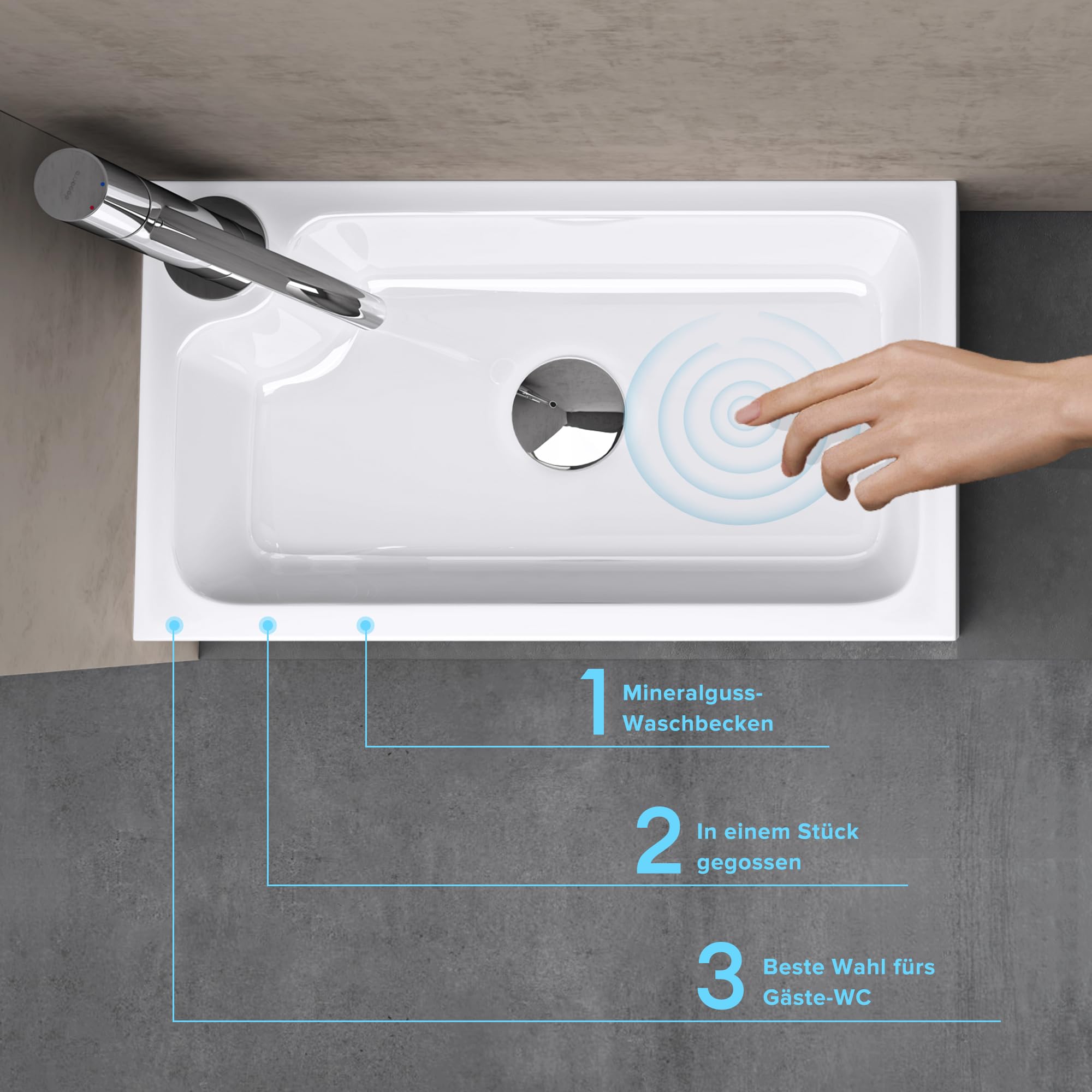 doporro Gäste WC Aufsatzwaschbecken Mineralguss 46x26x11cm Weiß | Modernes Waschbecken Handwaschbecken Mit DIN-Anschlüsse für Badezimmer,Eckig, Becken: Rechts, leicht zu reinigen, colossum101