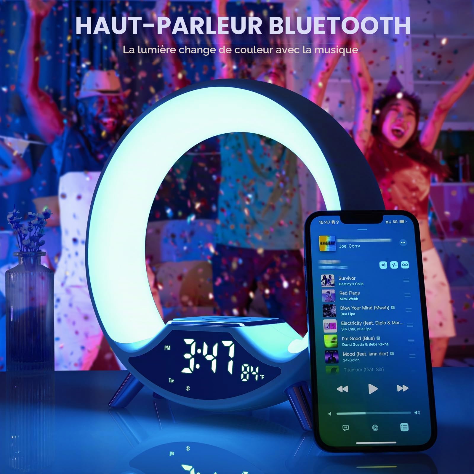 Cuteefun Réveil Lumineux, 15W Chargeur sans FI, Reveil Radio | Reveil Simulateur D'Aube avec Haut-Parleur Bluetooth, Deux Alarmes, Lampe de Chevet Réglable en Plus de 10 Couleurs