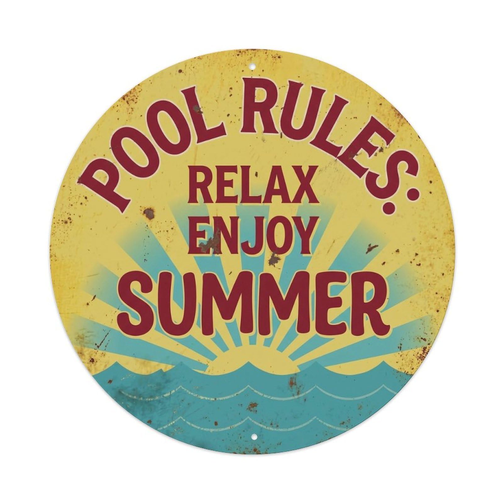 Pool Rules Relax Enjoy Summer Vintage Metal Tin Sign Plaque Wall Decor for Cafe, Club, Garden Round Metal Poster 8x8Inch