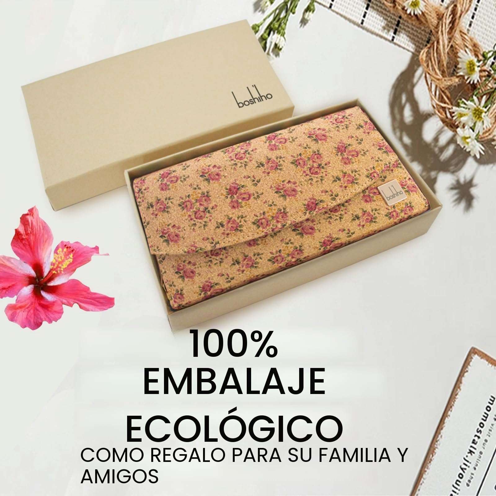 boshiho Monedero de Corcho Vegano para Mujer, Gran Capacidad con Cremallera, Portatarjetas, Bolsillo para Monedas, Compatible con Teléfono Inteligente, 100% Libre de Animales (Cork 2)