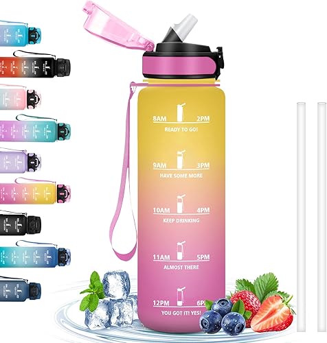 Miniatura 16 de Water Bottle - 1L - Leak-Proof Sports Bottle, Straw Bottle for Bodybuilding, Graduated Water Bottle with Time Marker, Motivational Water Bottle