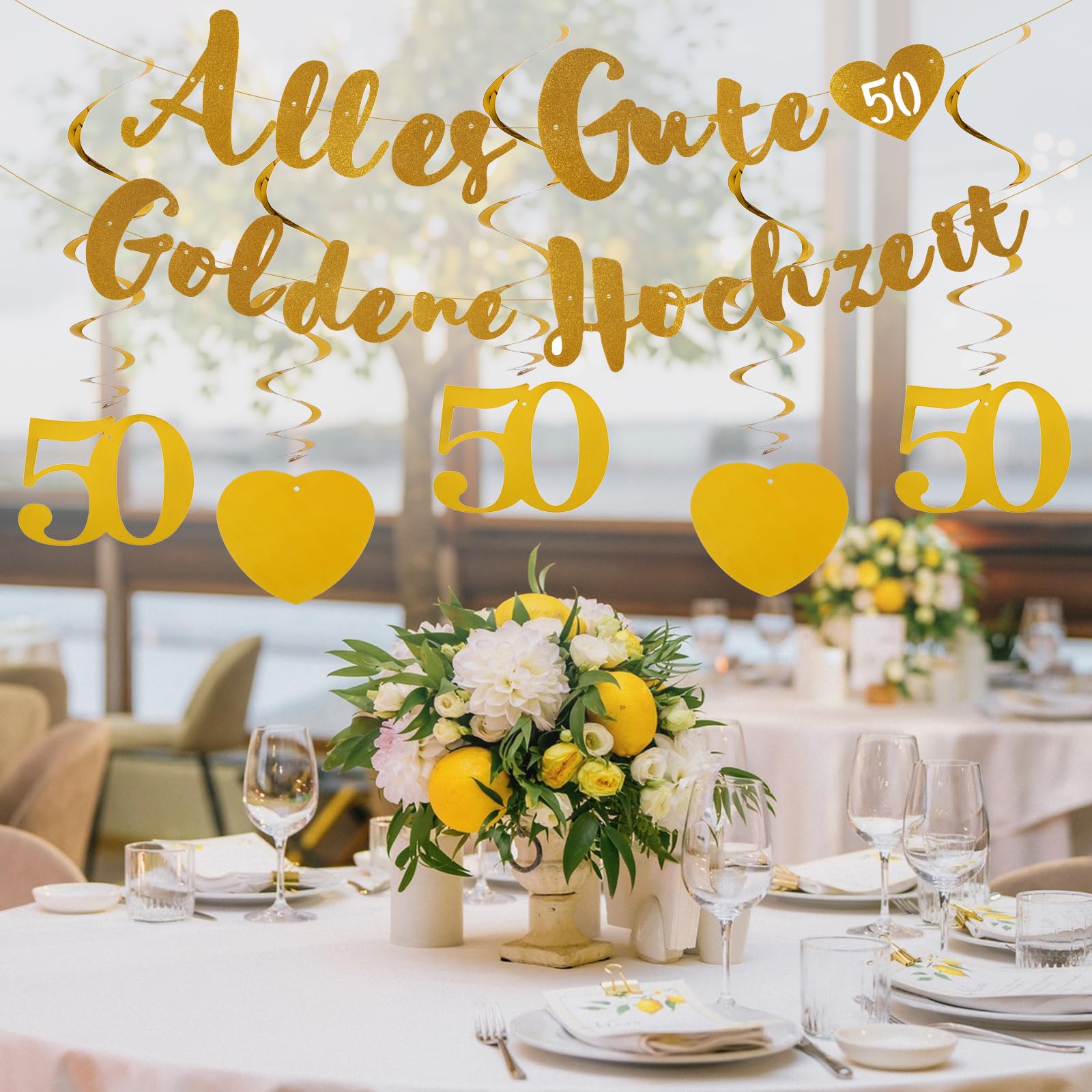 50. Hochzeitstag Deko-Set Weiß-Gold – Banner, Hintergrund, Waben & Pompons