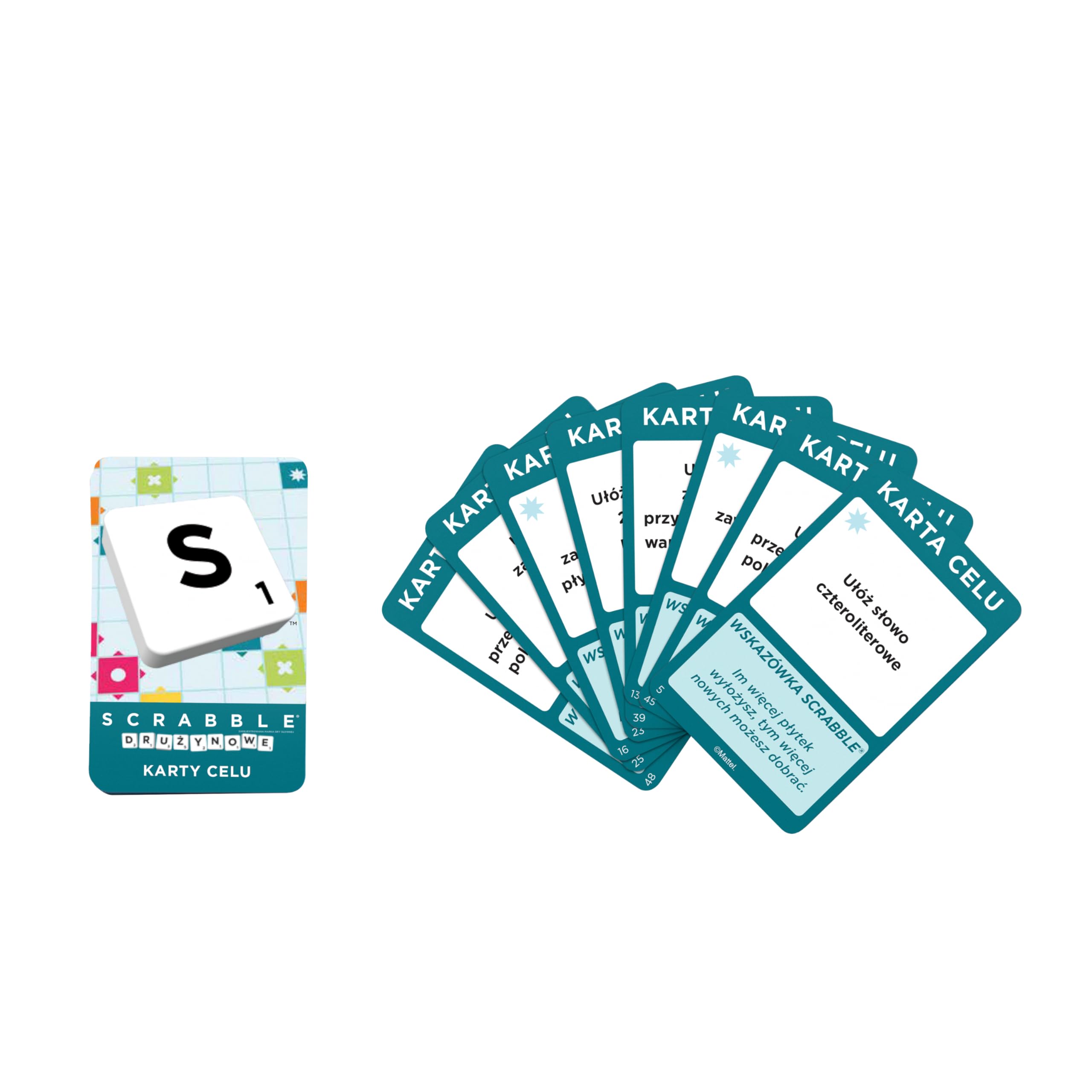 Mattel Games Gra planszowa Scrabble, gra słowna dla rodzin z dwoma sposobami gry, zawiera 50 kart docelowych z podstawowymi elementami Scrabble dla 2-4 graczy, edycja holenderska, HXW00
